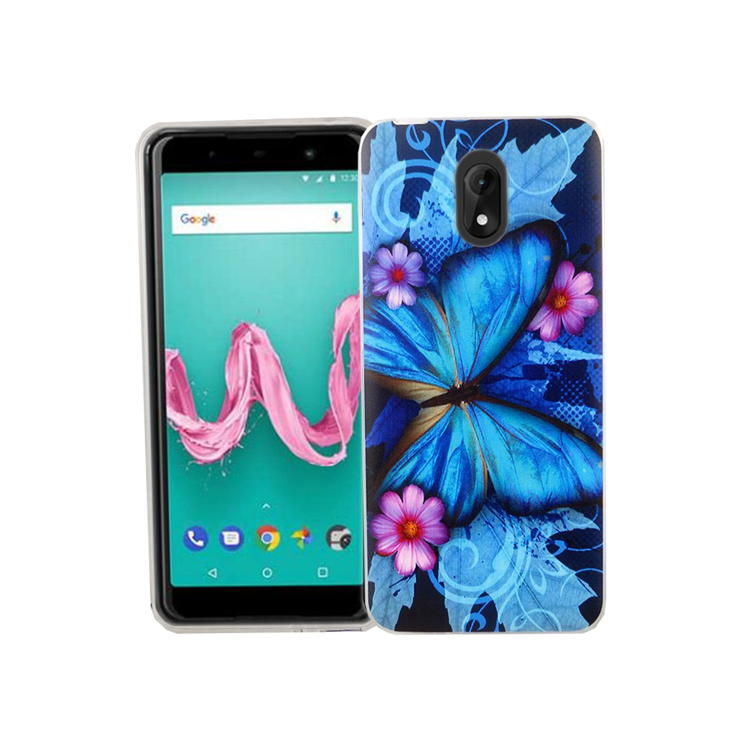 Telefon mit einer Hülle mit Schmetterlingsdesign. Es gibt rosa Blumen.