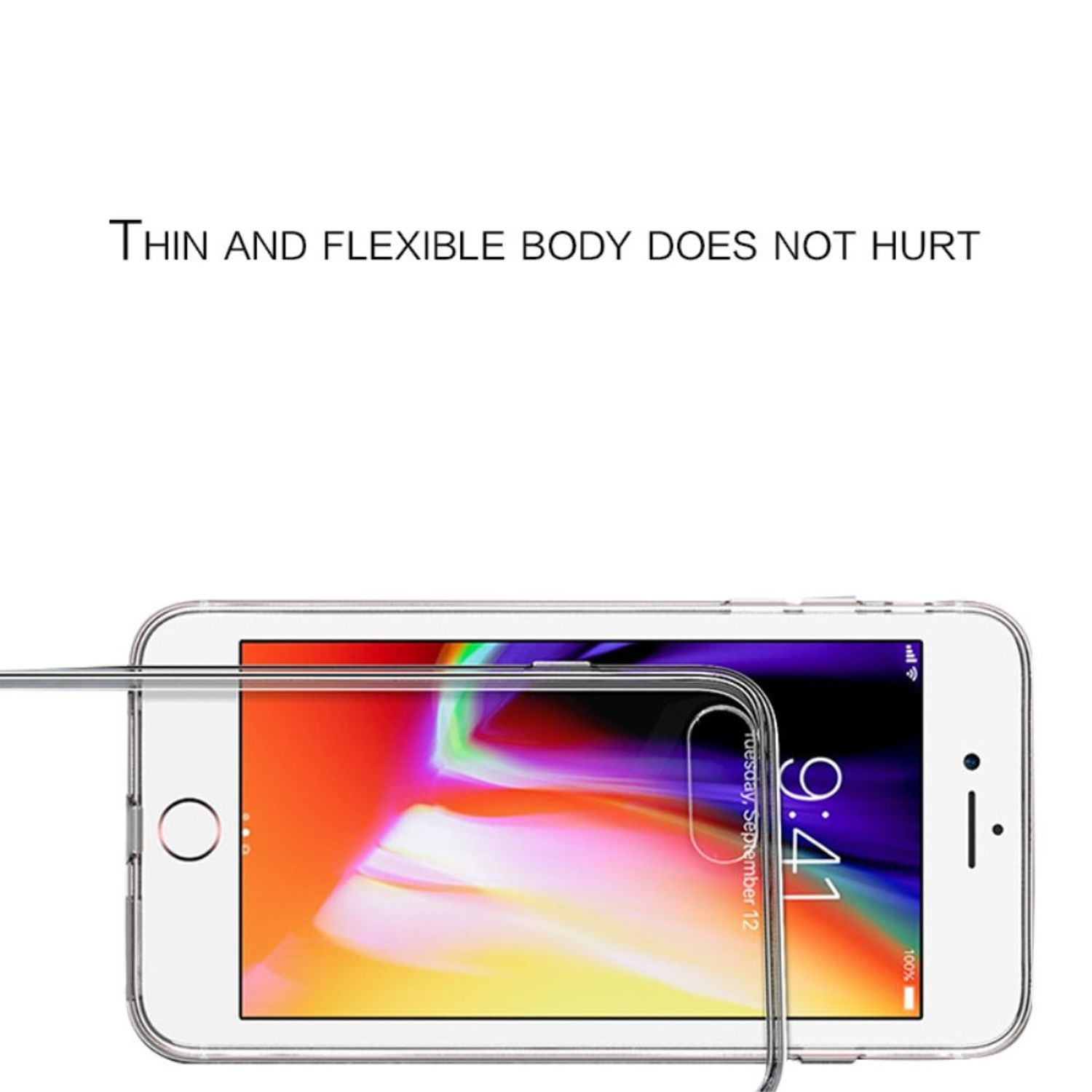 Eine transparente Handyhülle auf einem Telefon, der Bildschirm des Telefons ist sichtbar, mit Zeit.