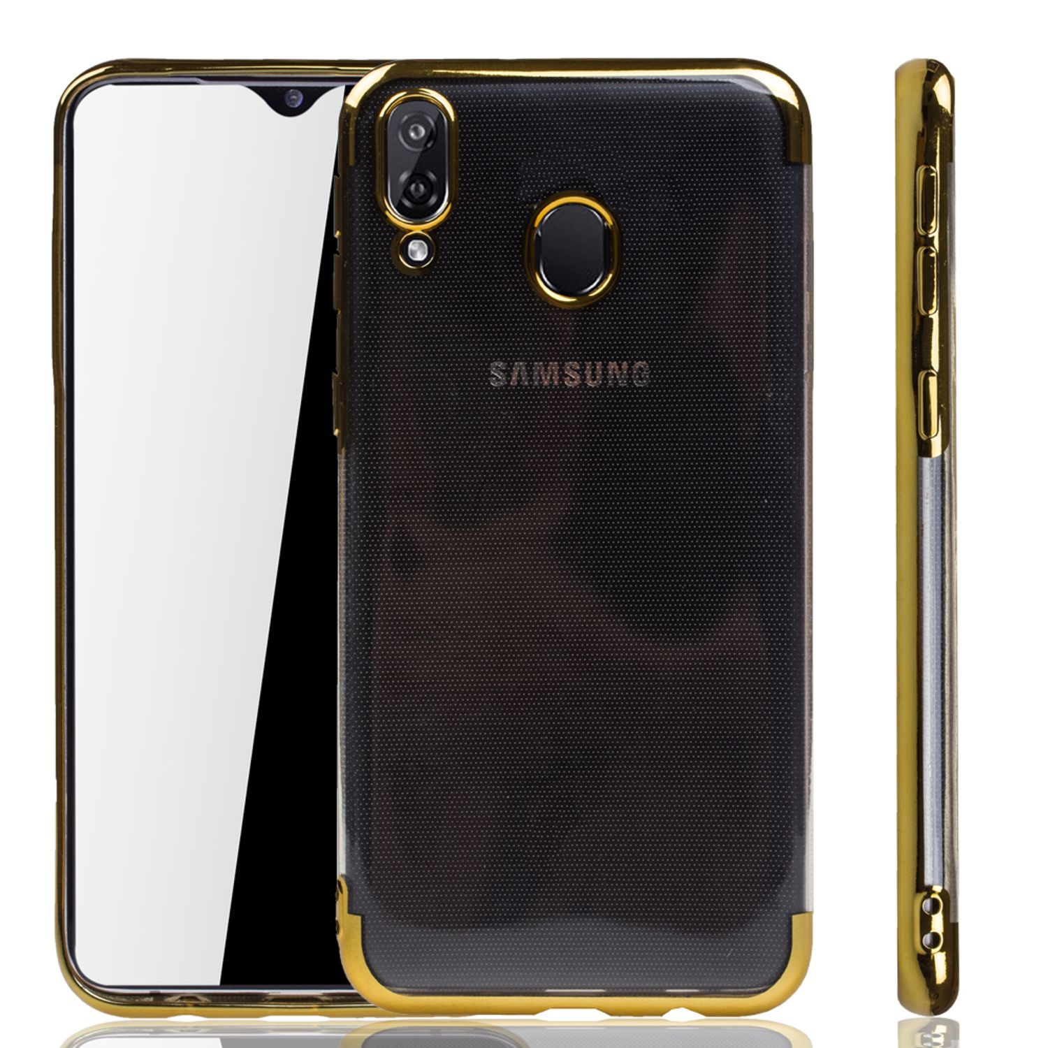 Ein schwarzes Smartphone mit transparenter Hülle und goldenen Zierleisten, von vorne, hinten und Seite.