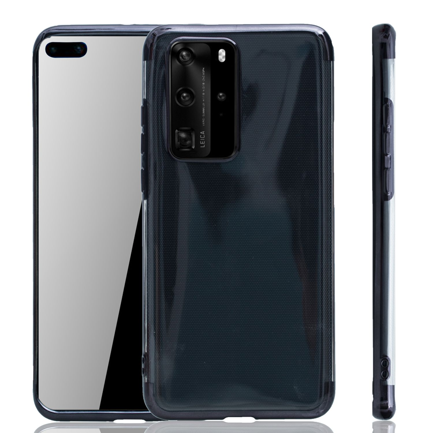 Smartphone mit schwarzem Gehäuse, Rück- und Seitenansicht, auf weißem Hintergrund.