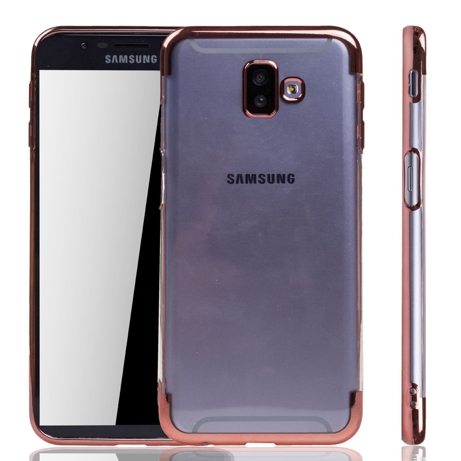 Eine roségoldfarbene Handyhülle für ein Samsung-Telefon, das Telefon aus drei Winkeln zeigend.