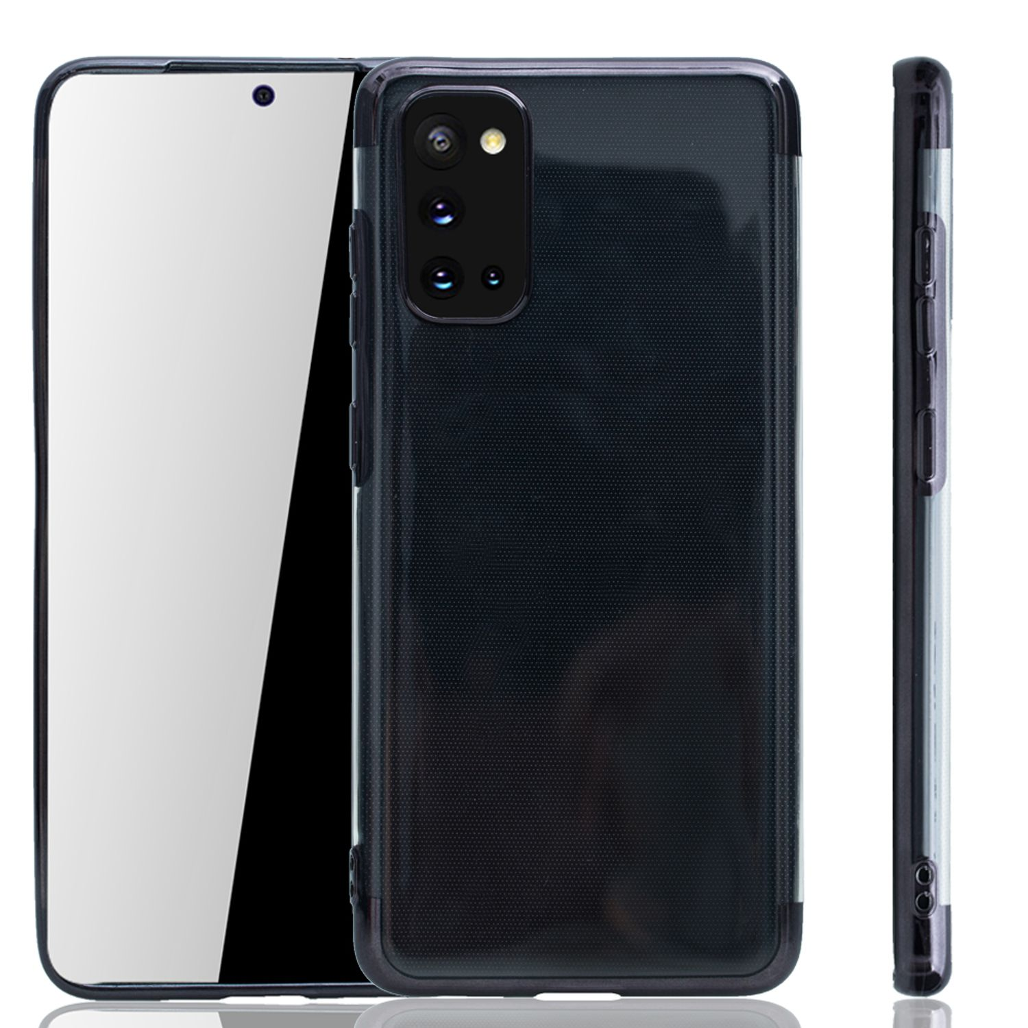 Telefon mit schwarzem Gehäuse. Telefon links, drei Ansichten des Gehäuses rechts.