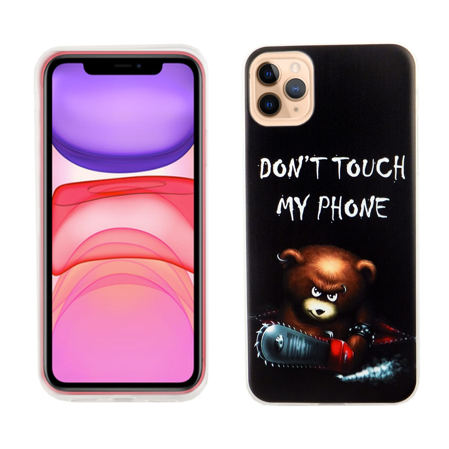 Ein Telefon mit einer Hülle mit der Aufschrift 'DON'T TOUCH MY PHONE' mit einem Bären mit Kettensäge.