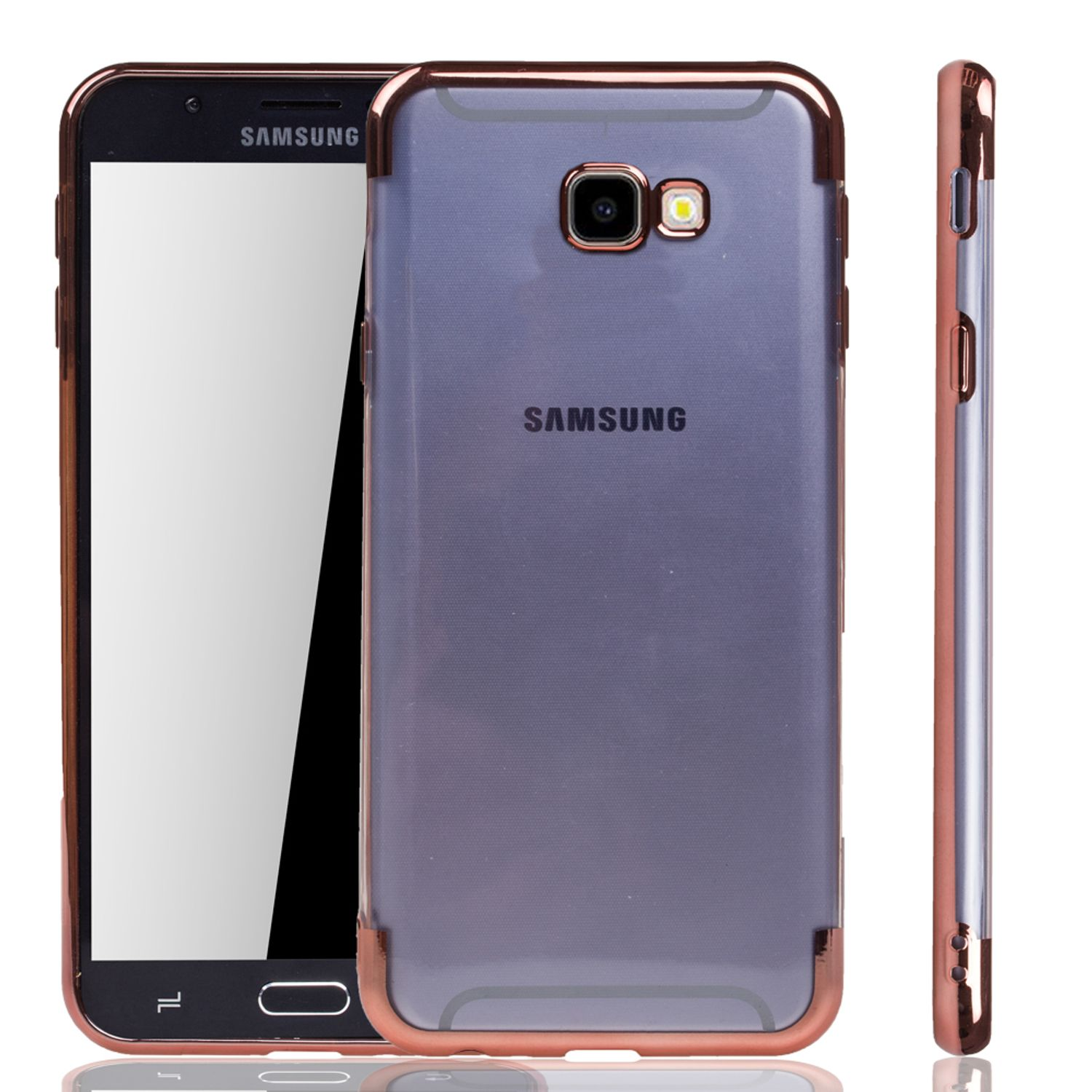 Ein Smartphone in einer transparenten Hülle mit roségoldfarbenem Rand, aus drei Winkeln gezeigt.