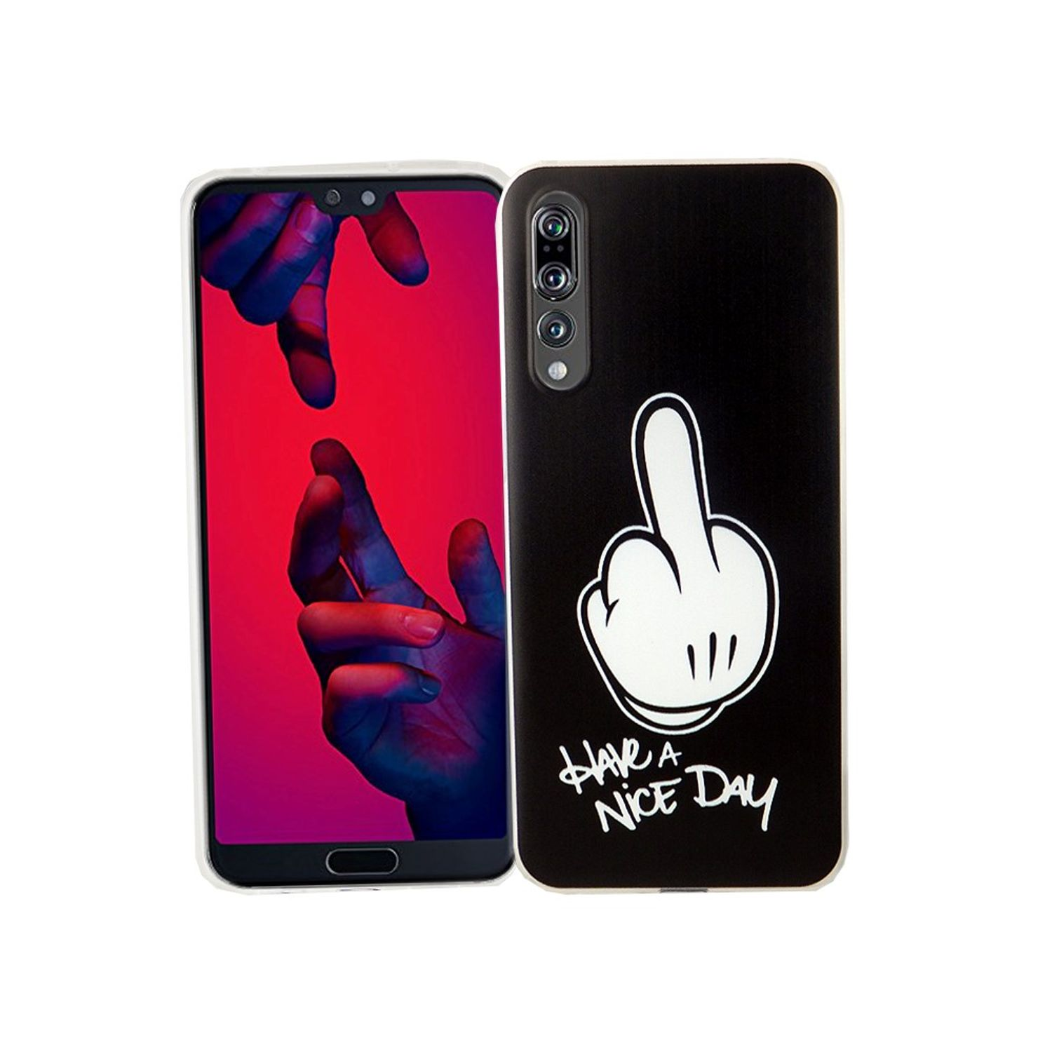 Ein schwarzes Telefon mit einer schwarzen Hülle mit einer Hand mit dem ausgestreckten Mittelfinger und dem Text: HABEN SIE EINEN SCHÖNEN TAG.