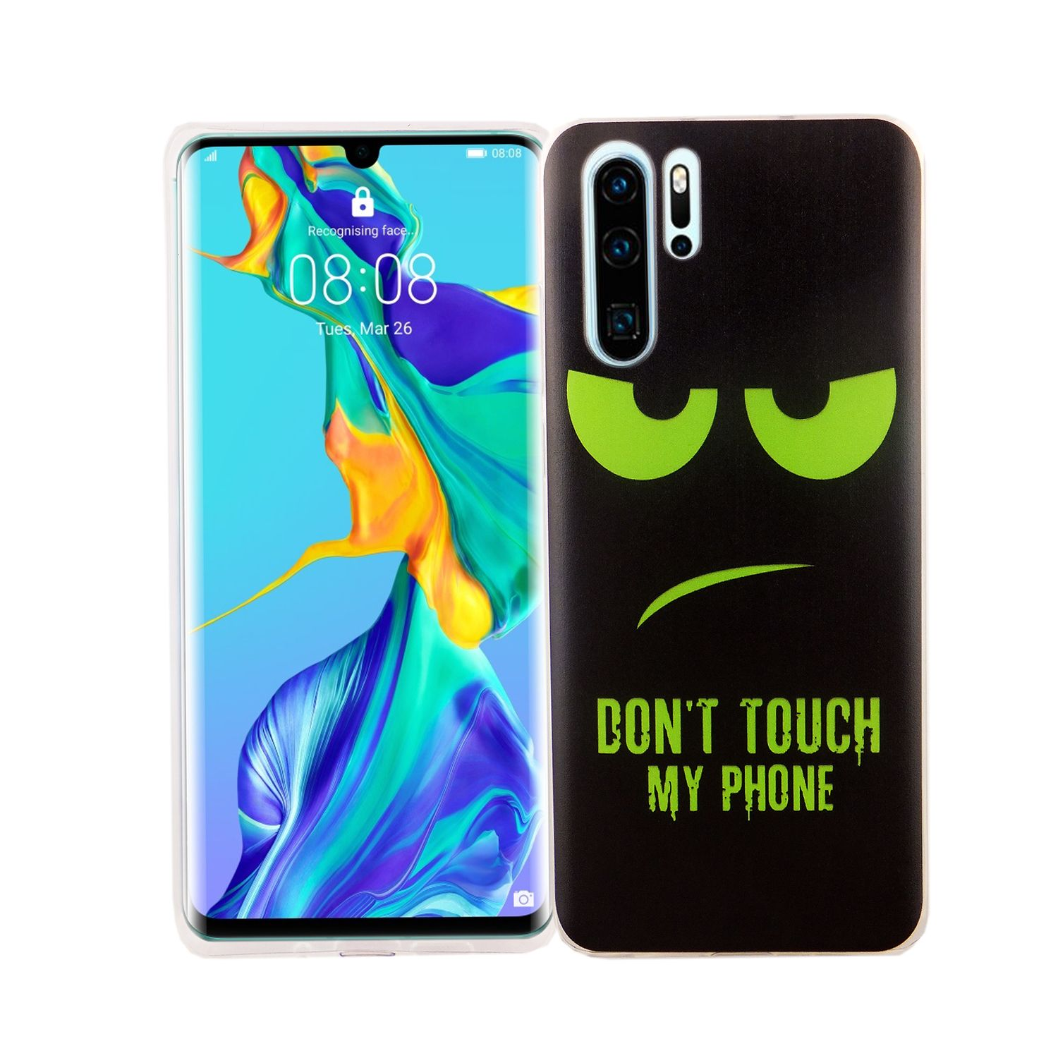 Telefon mit schwarzer Hülle mit der Aufschrift 'Don't touch my phone' und einem grünen, wütenden Gesicht.