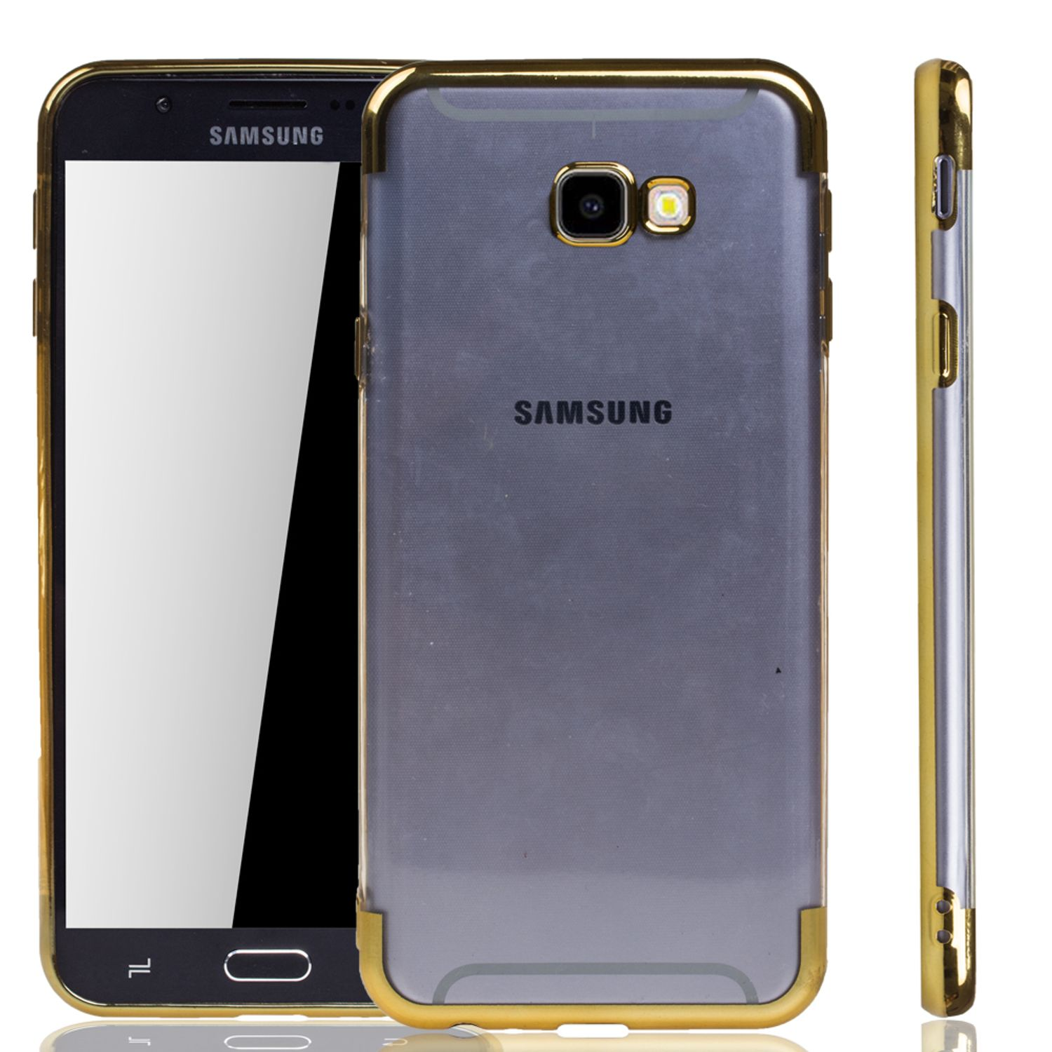 Telefon in goldgerahmter, klarer Hülle, zeigt Samsung-Logo, auf weißem Hintergrund.