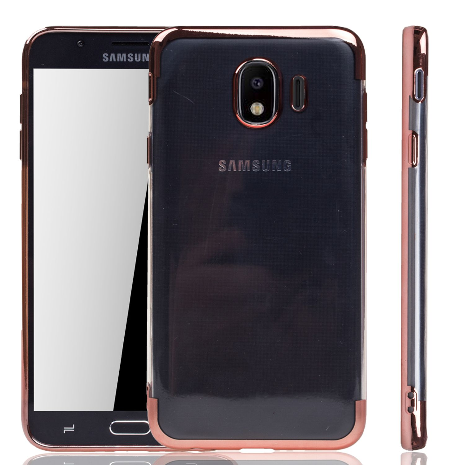 Schwarzes Telefon und Hülle mit goldfarbenem Rand, weißer Hintergrund.