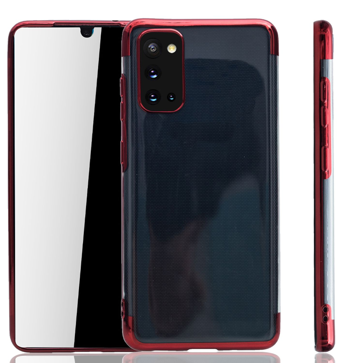 Ein Handy-Case in drei Ansichten. Rot und schwarz, mit sichtbarem Telefonbildschirm, vor weißem Hintergrund.
