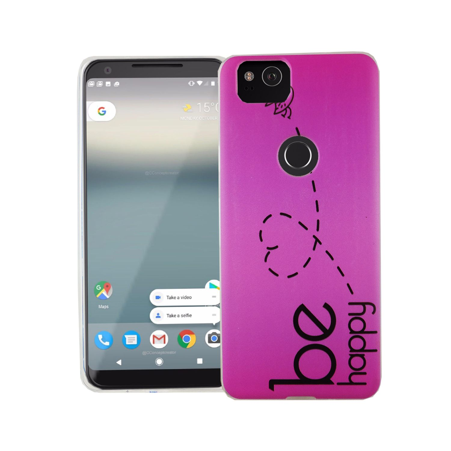 Telefon und eine pinke Hülle mit dem Text 'be happy' und einem Bienendesign.