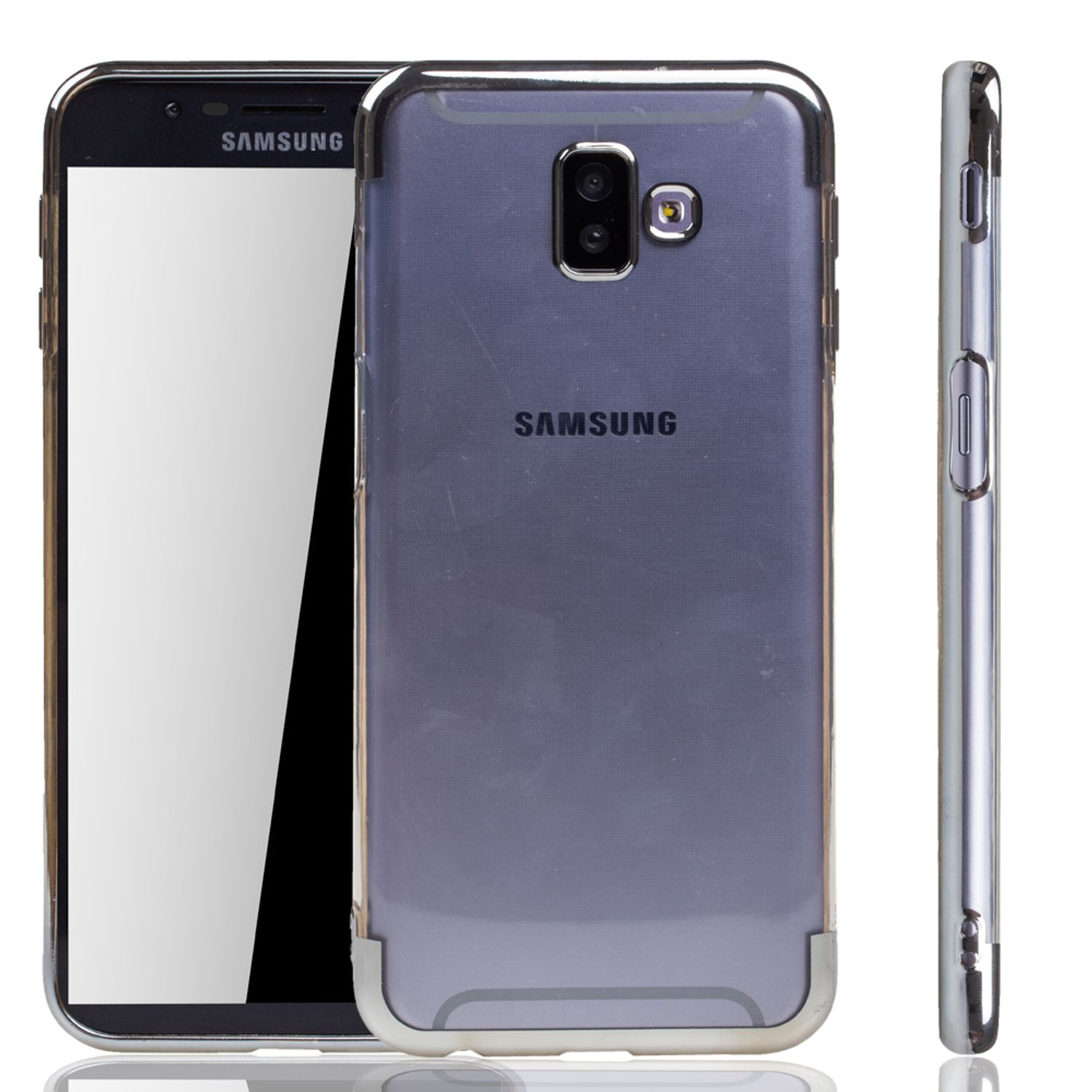 Smartphone in transparenter Hülle, mit Samsung-Logo, aus mehreren Winkeln gezeigt.