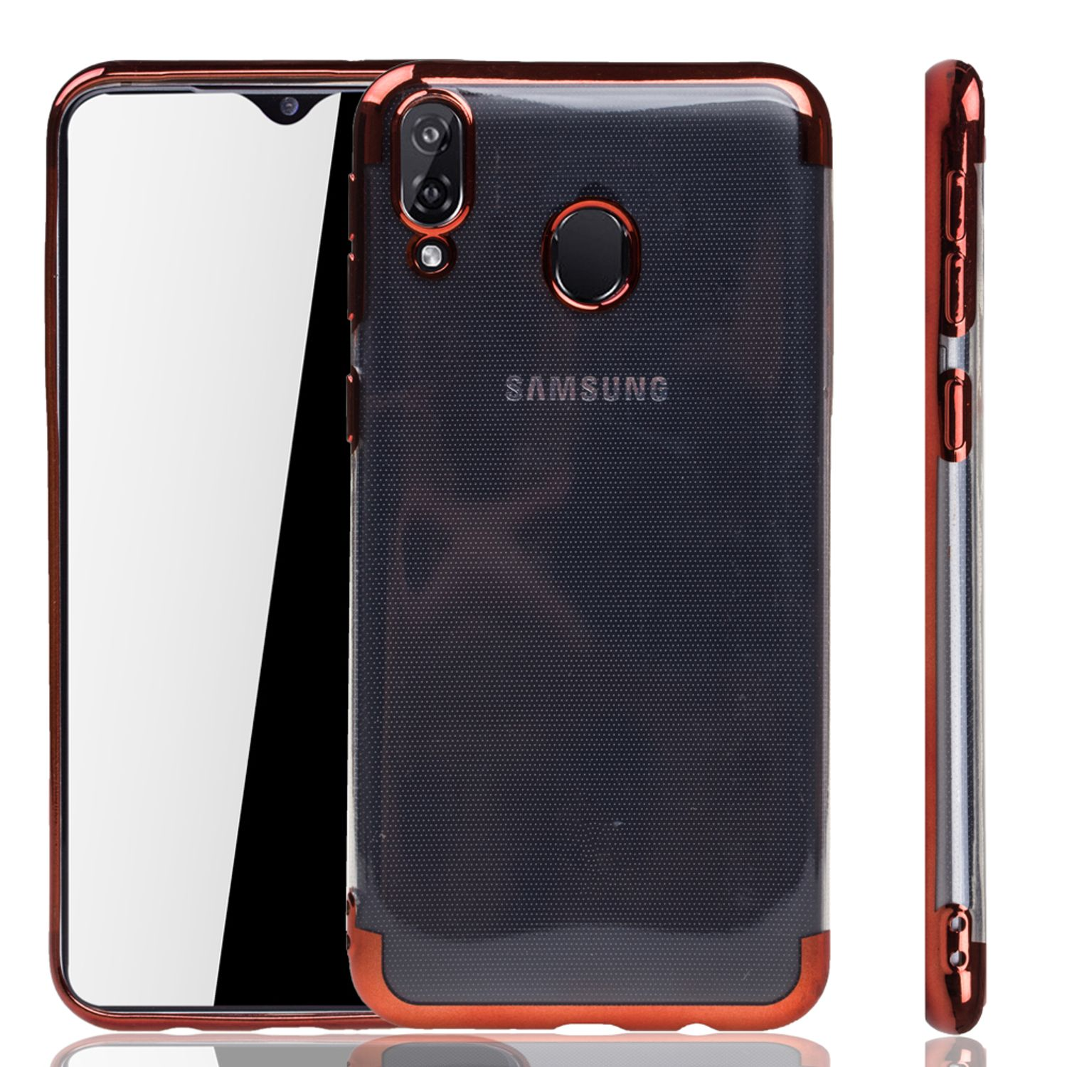 Smartphone mit rotem Rahmen und schwarzer Rückseite, mit Displayschutz.