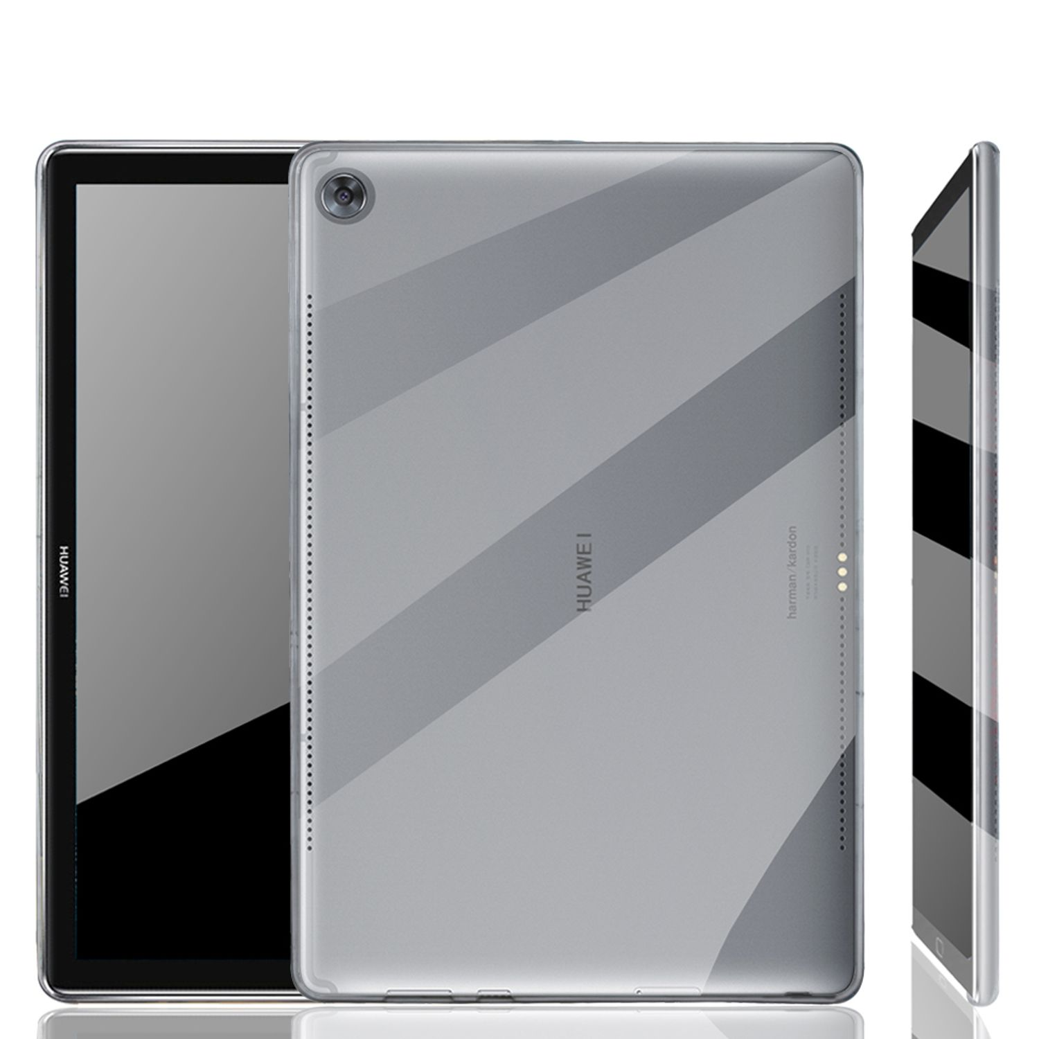 Tablet mit hellgrauer Rückseite und diagonalen Streifen. Huawei-Logo ist sichtbar.