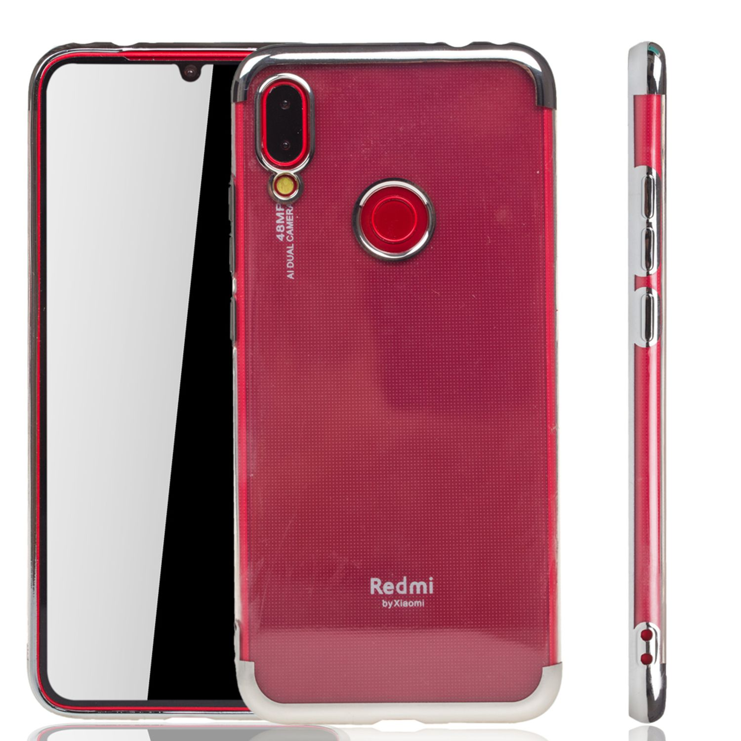 Redmi-Handyhülle, rot mit durchsichtigem Rücken, drei Ansichten.