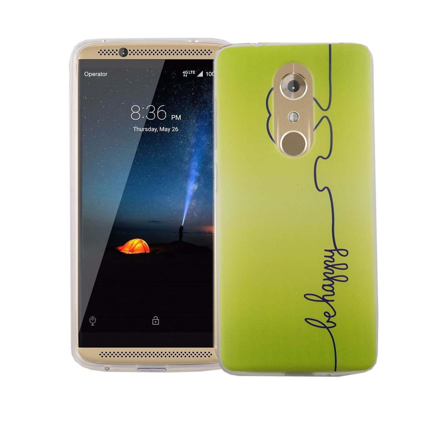 Telefon mit grüner Hülle mit dem Wort 'be happy'.