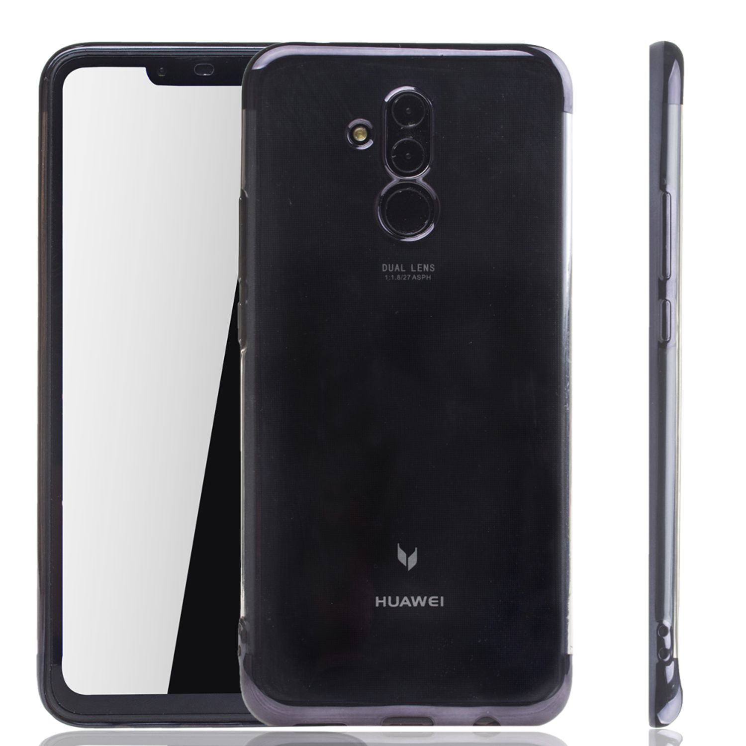 Schwarze Handyhülle mit Bildschirm und Huawei-Logo. Seitenansicht zeigt Telefonprofil.