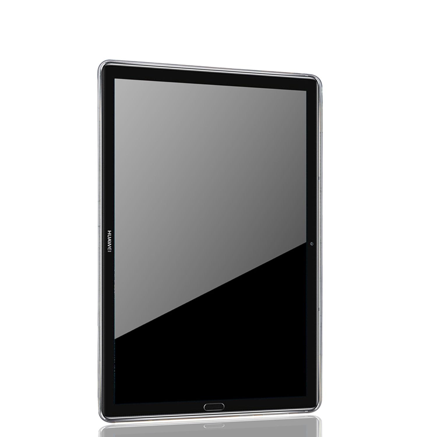 Schwarzes Tablet mit glänzendem Bildschirm, Huawei-Logo und silbernem Rahmen.