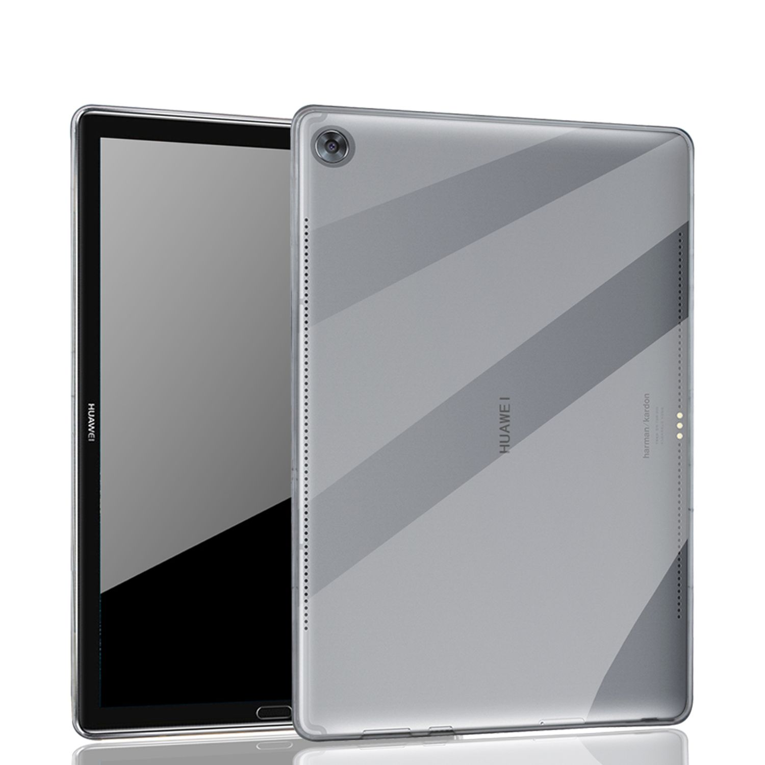 Tablet mit Hülle. Rückseite grau mit Diagonalstreifen. Huawei-Logo.