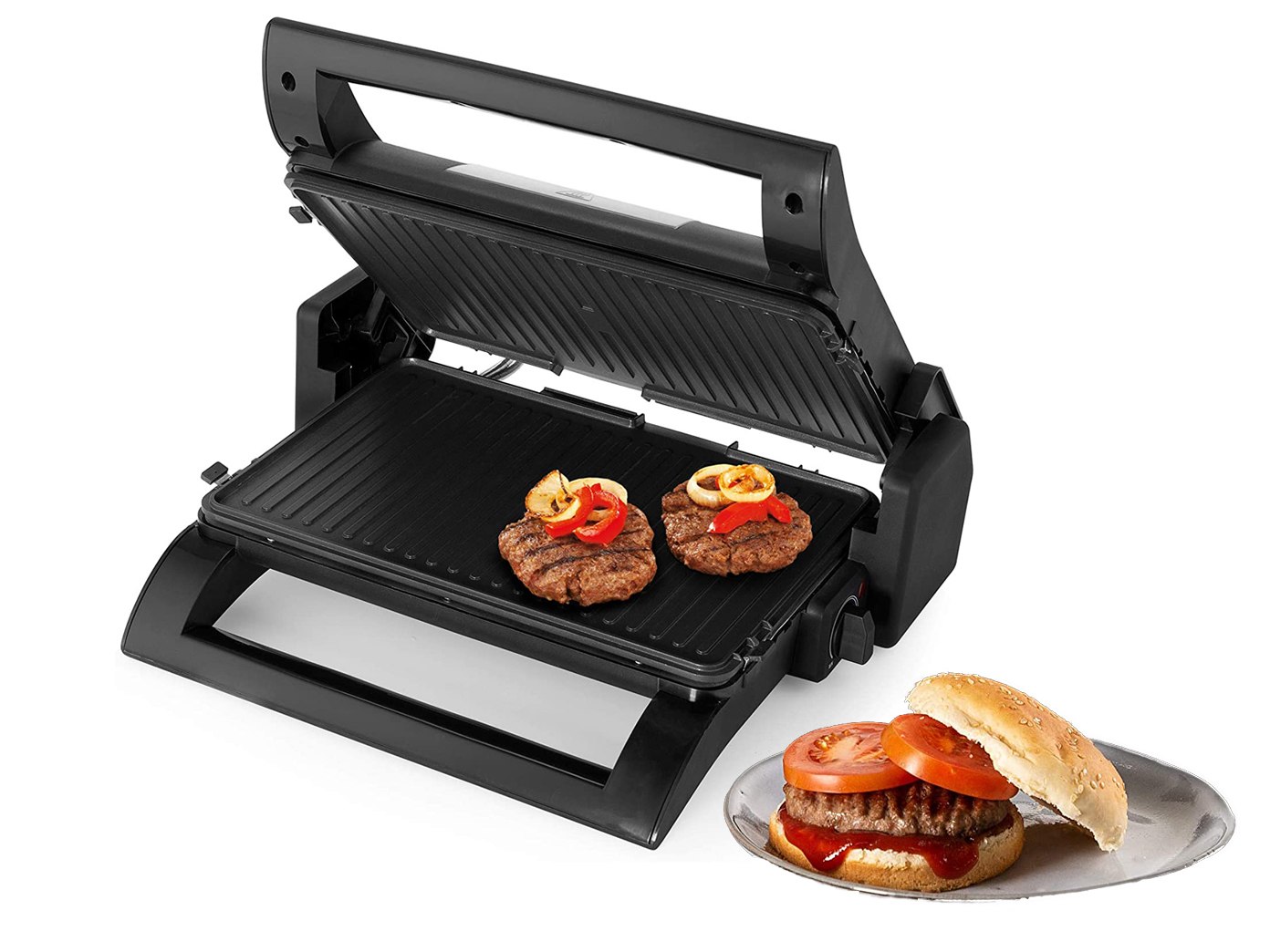 Eine schwarze Panini-Presse mit gekochten Burgern und einem Sandwich, bereit für eine Mahlzeit.