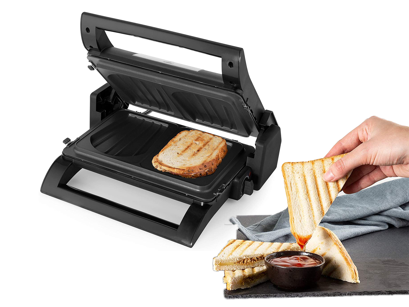 Schwarzer Sandwichmaker mit getoastetem Sandwich und Brotscheiben daneben.