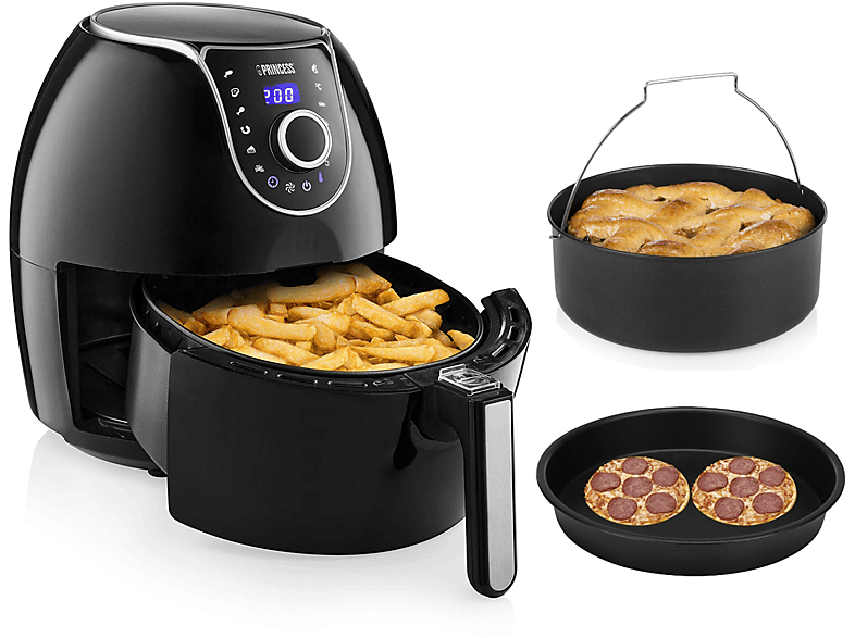 PRINCESS Große digitale XXL Heißluftfritteuse mit Pizzapfanne & Brotbackkorb, LED Display 8 Programme 5,2Ltr Heißluftfritteuse, Frittöse 1700 Watt Schwarz