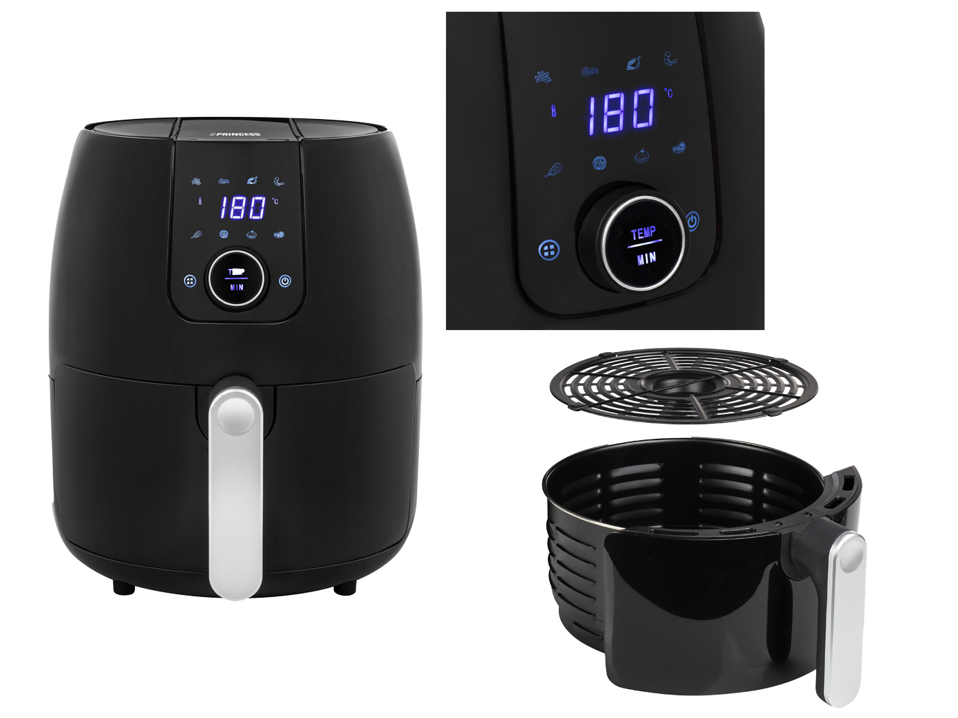 Schwarze Heißluftfritteuse mit digitaler Anzeige von 180 Grad Celsius.