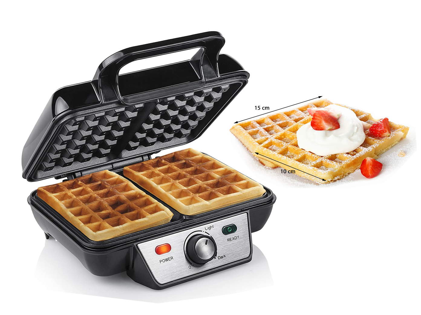 Waffeleisen mit zwei fertigen Waffeln. Eine Waffel mit Sahne und Erdbeeren.