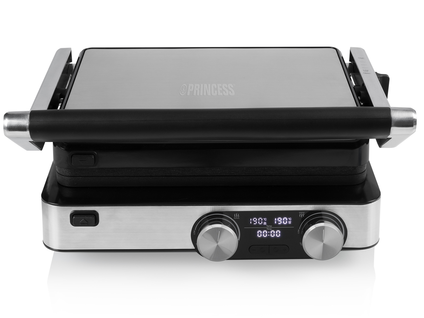Silber-schwarzer Grill mit schwarzem Griff, zwei Knöpfen und digitaler Zeitanzeige.