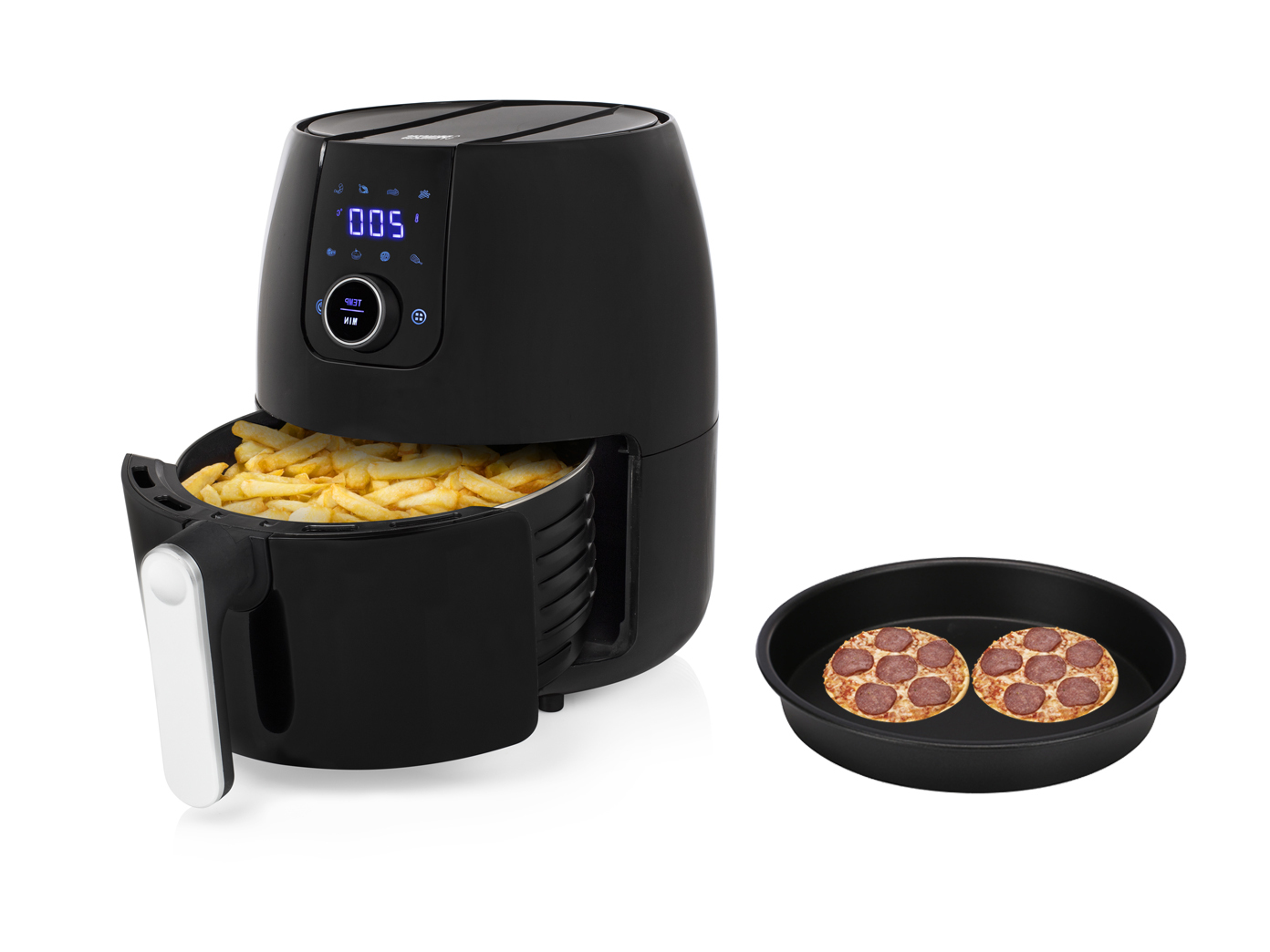 Schwarze Heißluftfritteuse mit Pommes Frites, zwei Pizzen in einer Pfanne und Digitalanzeige oben.