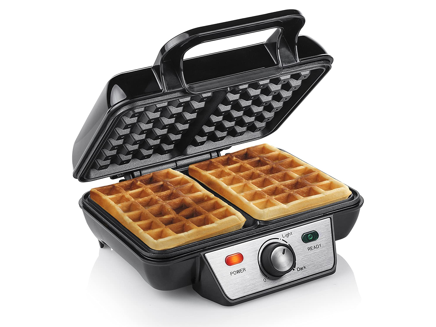 Waffeleisen. Geöffnet, mit zwei fertigen Waffeln, einer Betriebsanzeige, einer Bereitschaftsanzeige und einem Temperaturregler.
