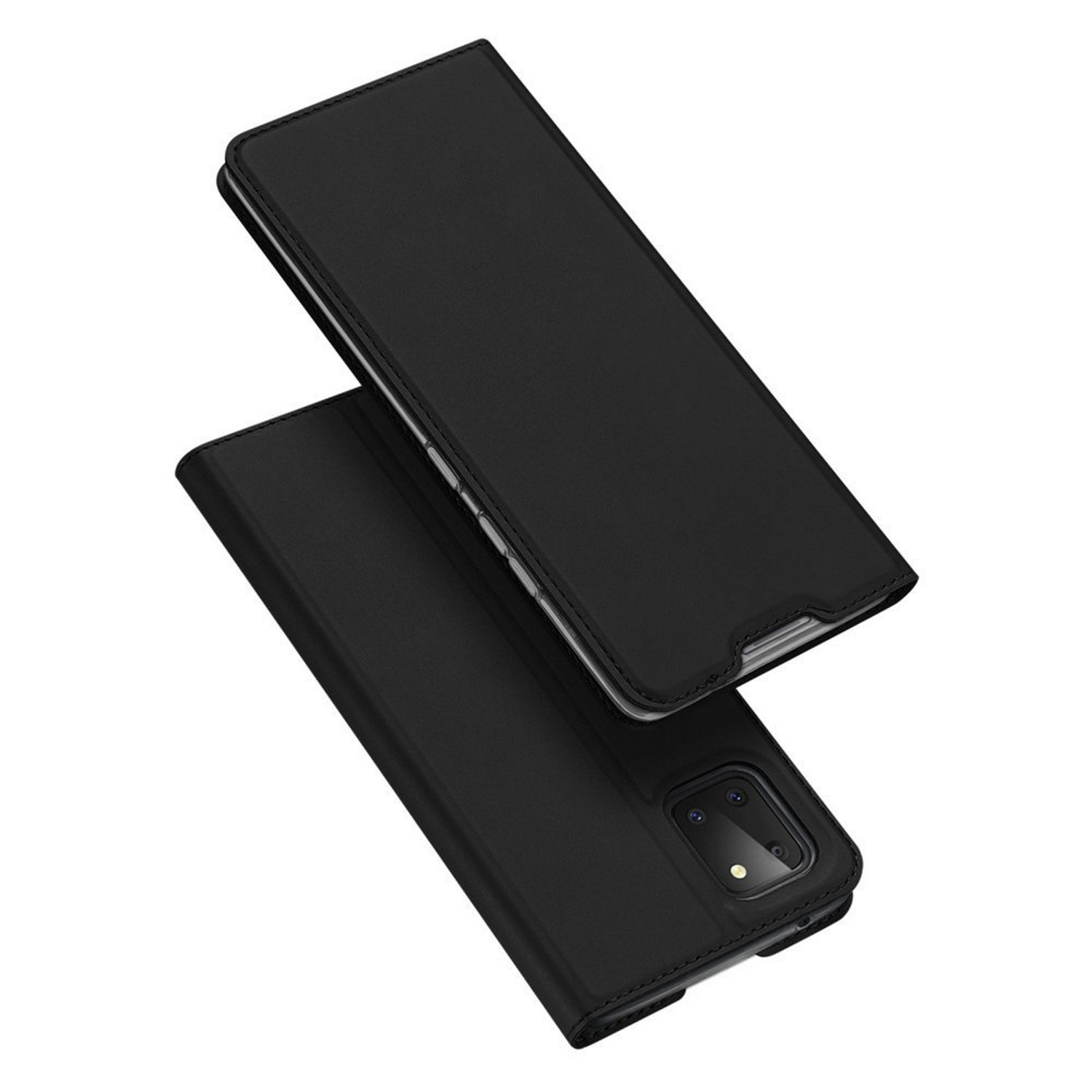 Ein schwarzes Telefoncase offen, die Handykamera ist sichtbar. Das Case ist aus Leder.