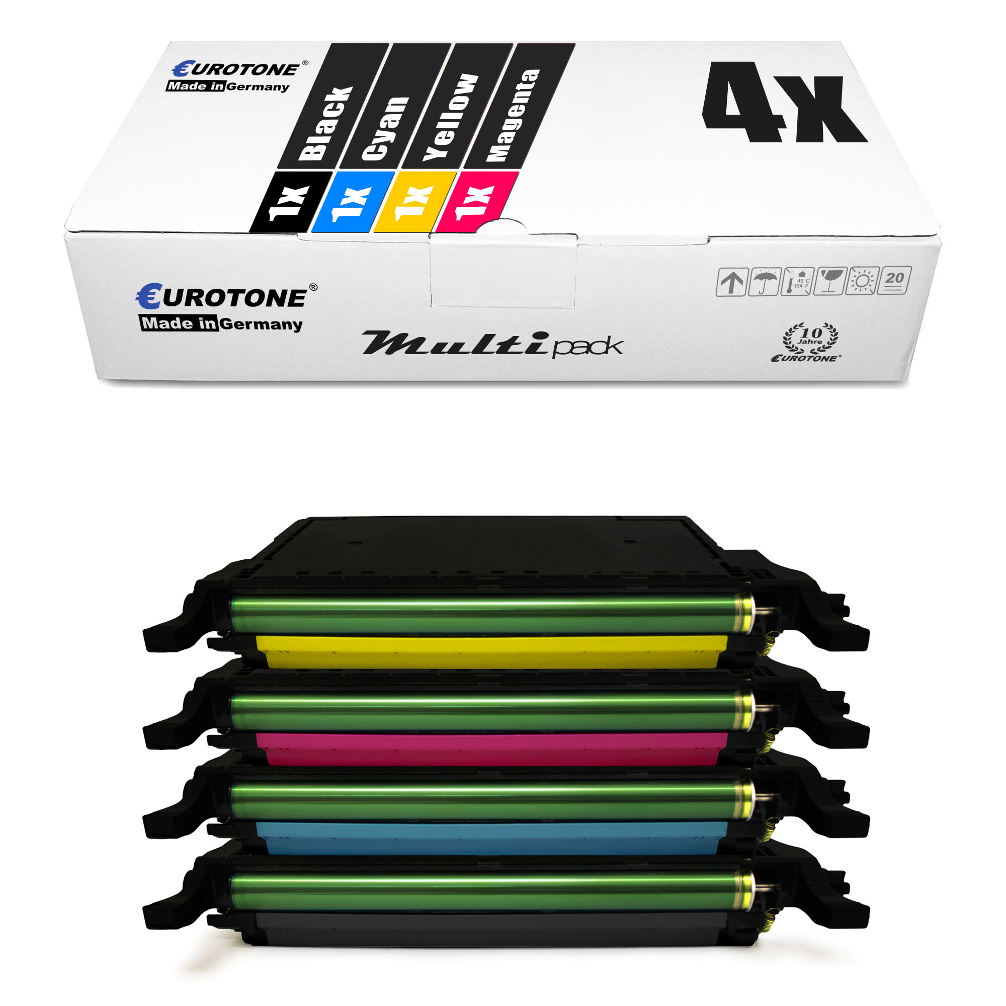 Schachtel mit vier Tonerkartuschen. Schwarz, Cyan, Gelb, Magenta. Multi-Pack-Etikett.