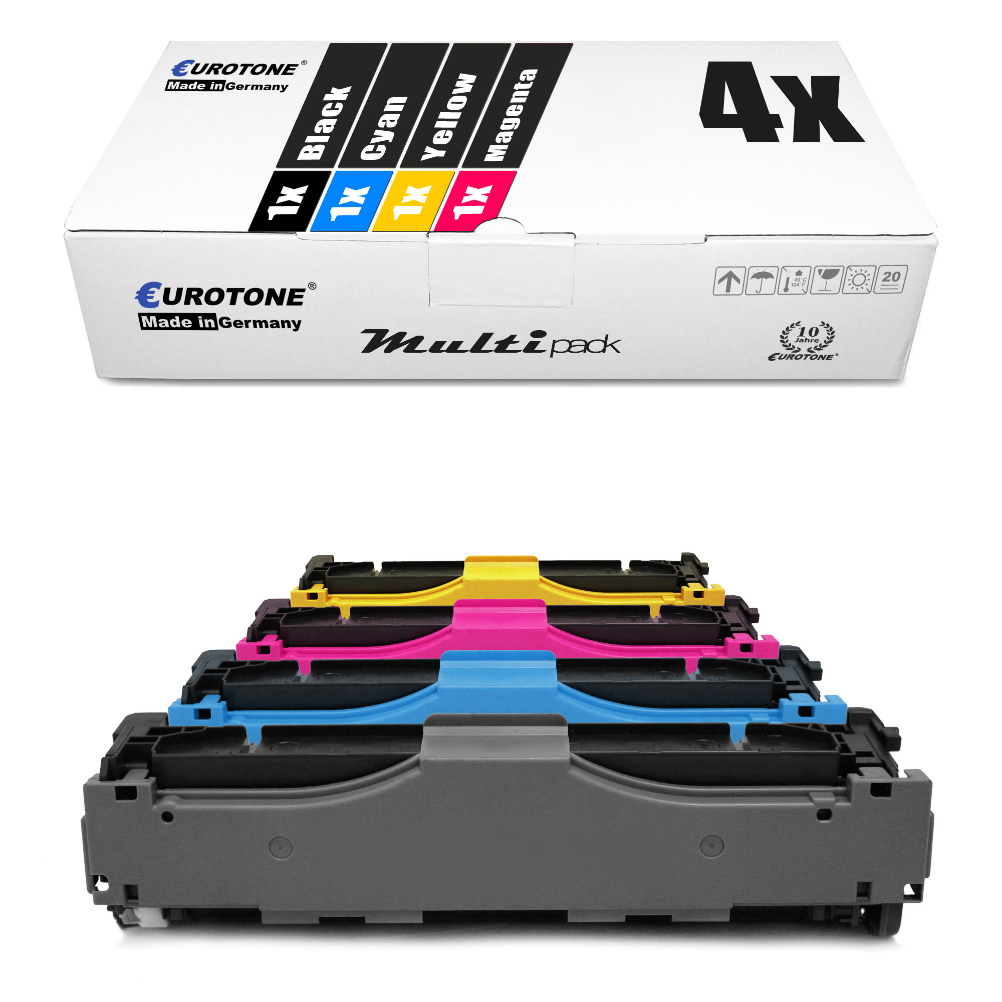 Eine Box mit Druckerpatronen in Schwarz, Cyan, Gelb und Magenta. Patronen sind unterhalb der Box sichtbar.
