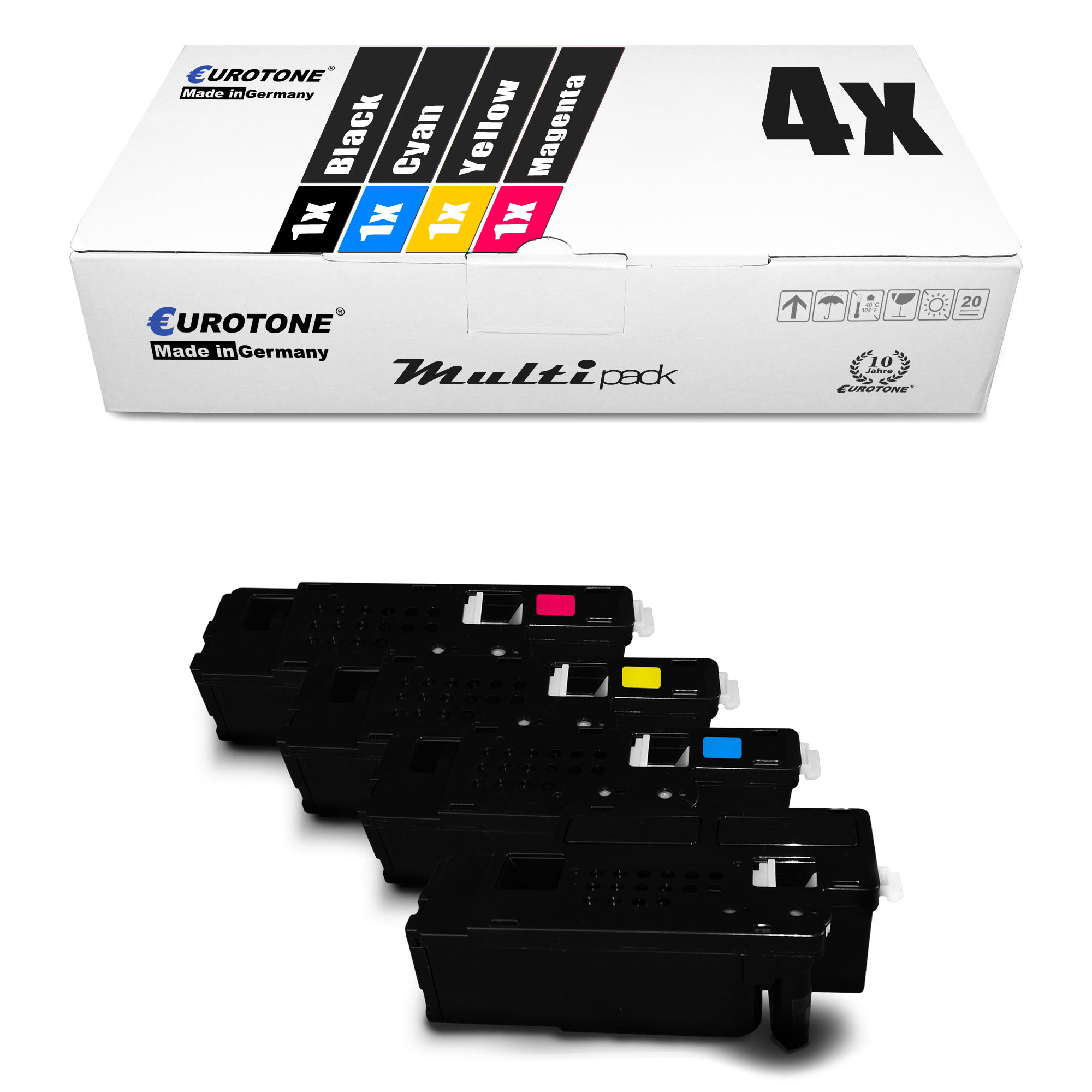 Eine Box mit Druckerpatronen in Schwarz, Cyan, Gelb und Magenta. Patronen sind unterhalb der Box sichtbar.