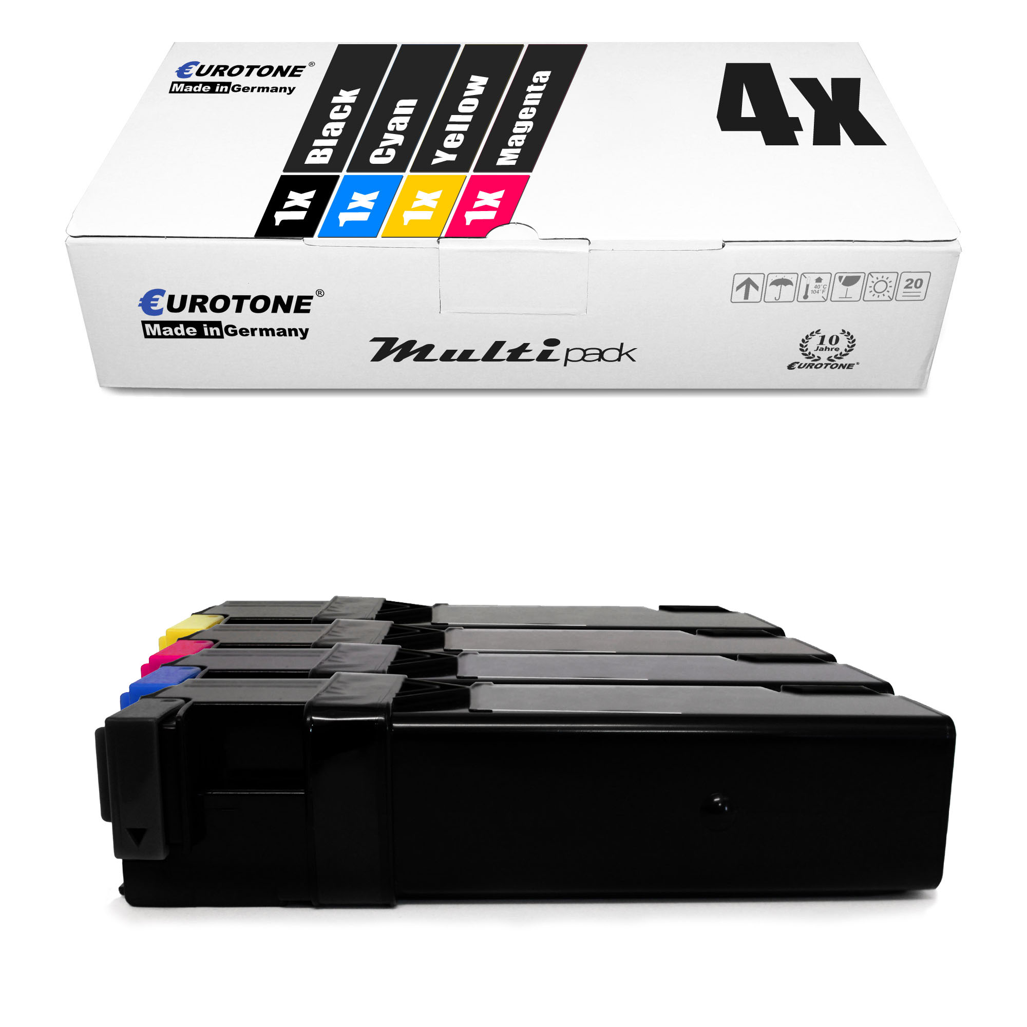 Box mit Eurotone-Druckerpatronen. Patronen in Schwarz, Cyan, Gelb und Magenta werden angezeigt.