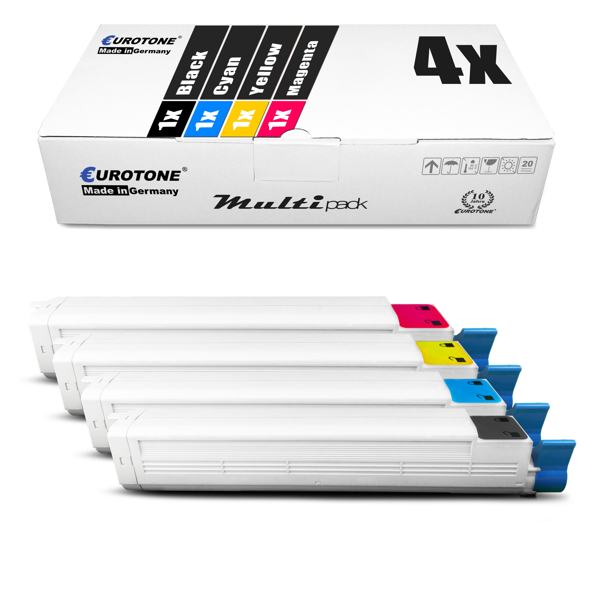 Eine Box mit vier Tintenpatronen mit den Aufschriften Schwarz, Cyan, Gelb, Magenta. Weißer Hintergrund.