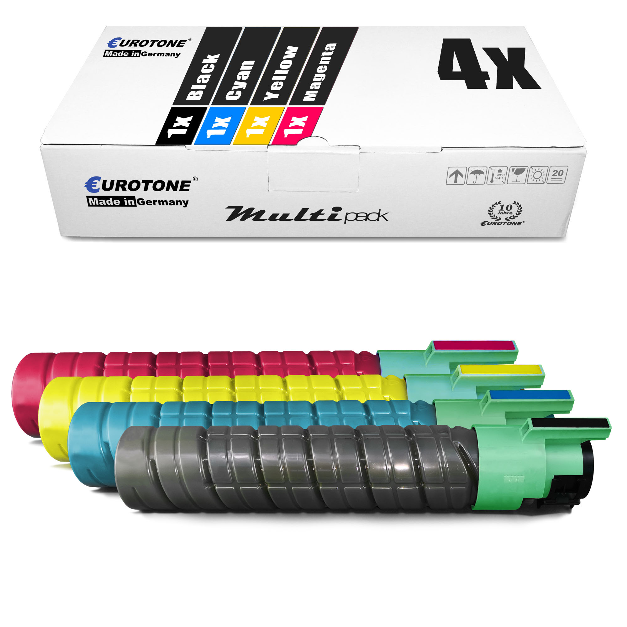 Karton mit Tonerkartuschen. Kartuschen sind schwarz, cyan, gelb und magenta.
