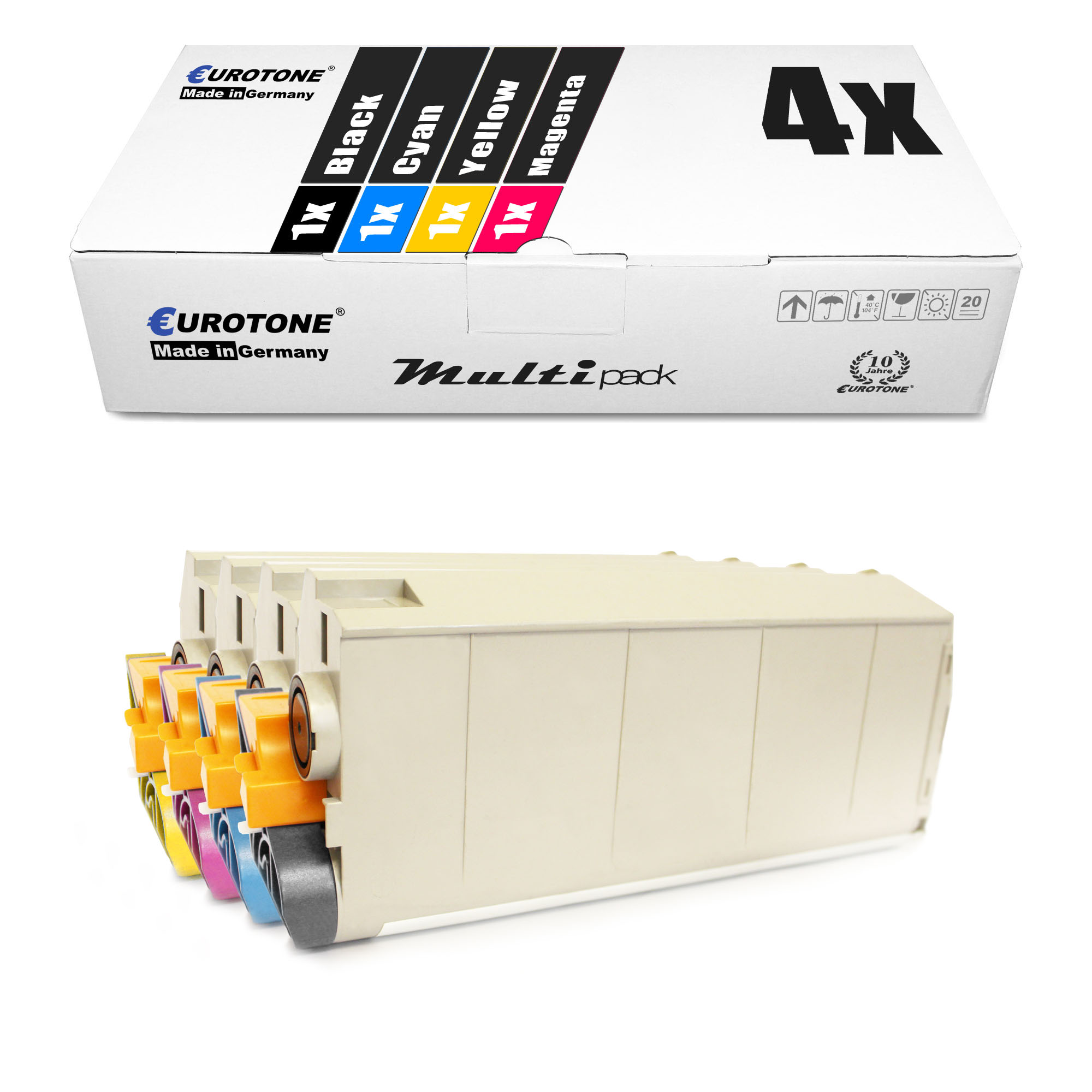 Tintenpatronen in verschiedenen Farben in einer Box mit dem Text 'Multipack' und 'Eurotone'.