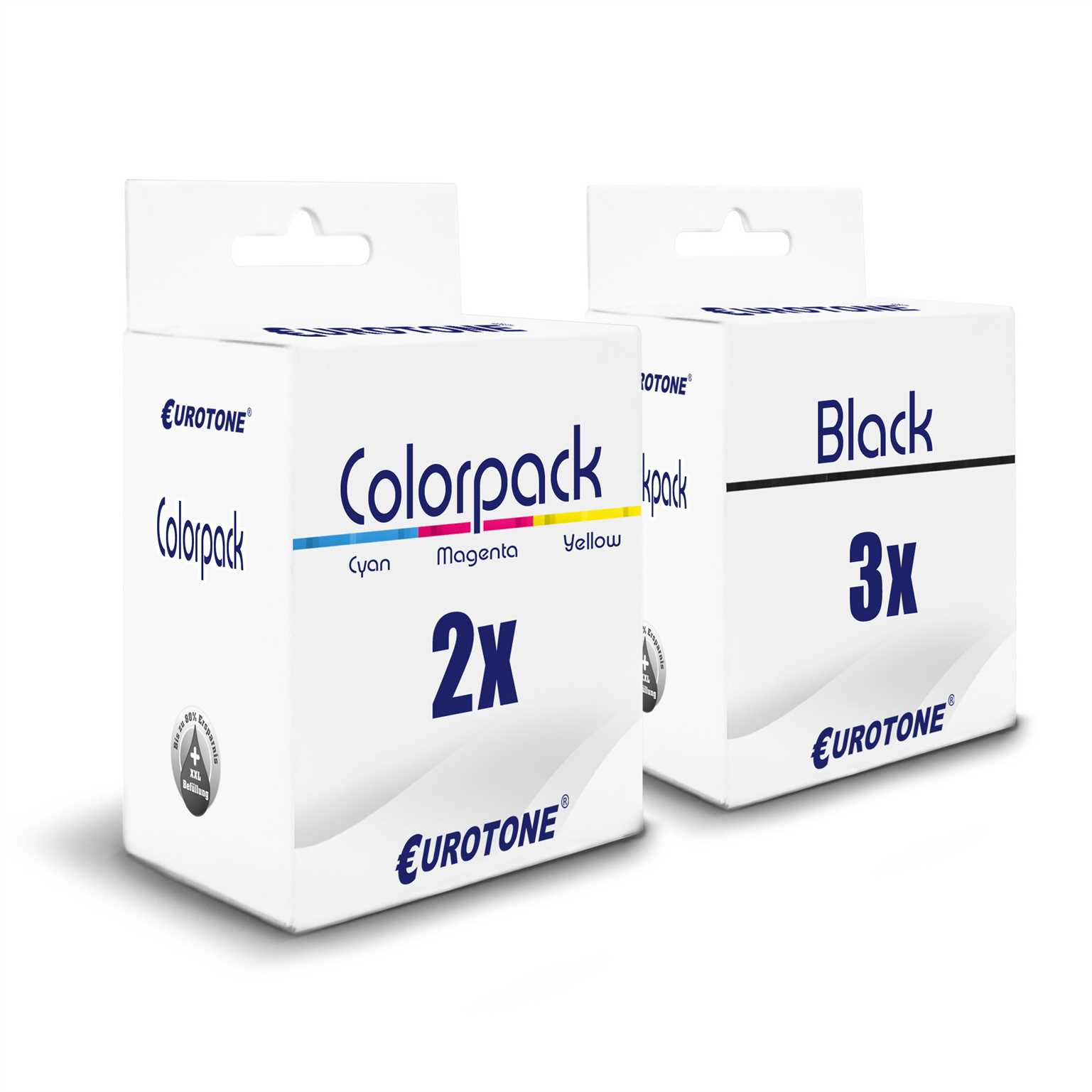 Zwei Tintenpatronenboxen, Colorpack und Black, mit 'EUROTONE'-Etiketten.