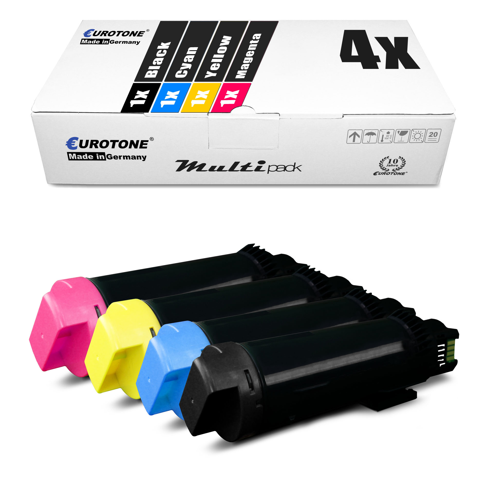 Vier Tintenpatronen, schwarz, cyan, gelb, magenta, in einer Reihe, mit einer Box darüber.