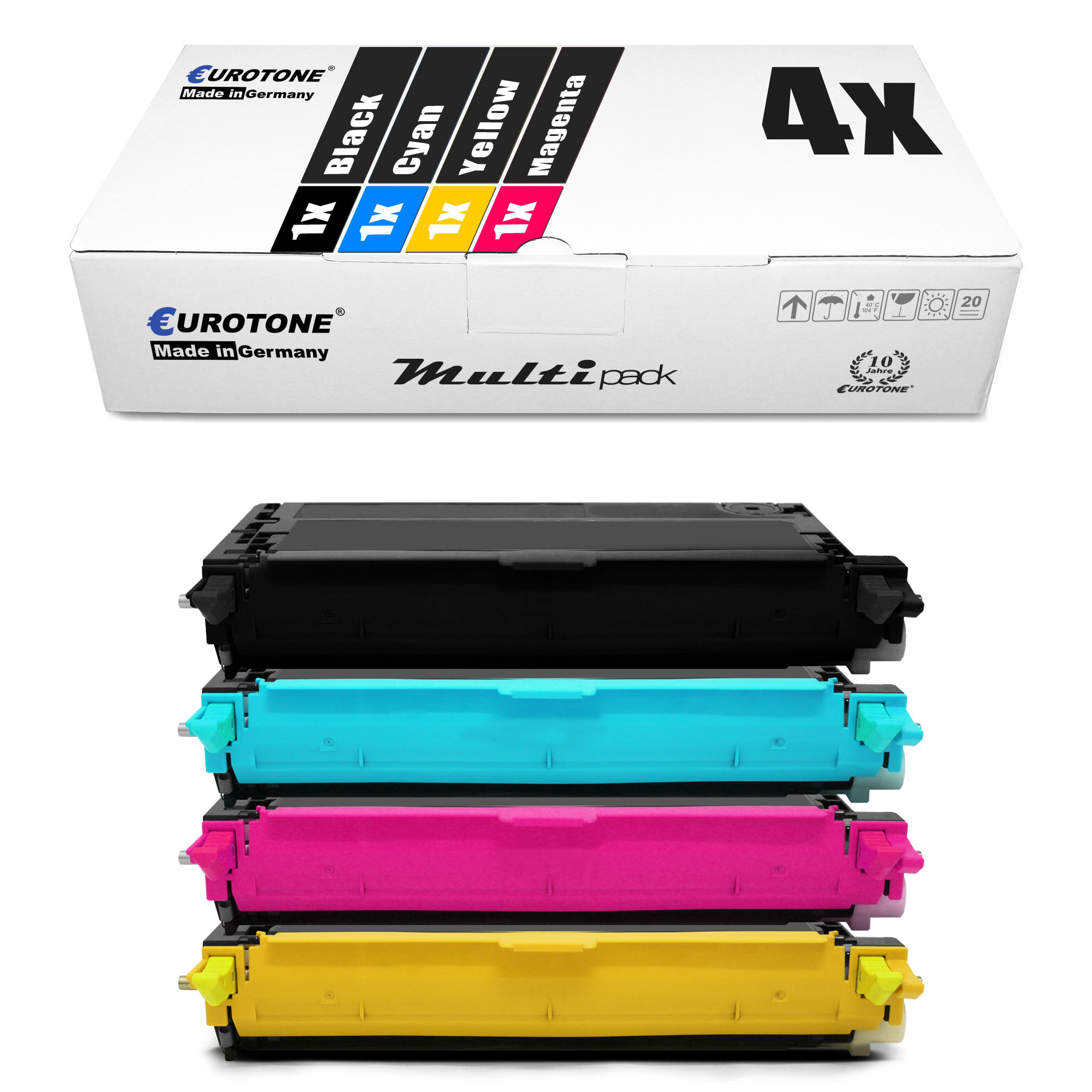 Eine Box mit Tintenpatronen, schwarz, cyan, gelb, magenta. Aufschrift auf der Box: Multi pack und 4x.