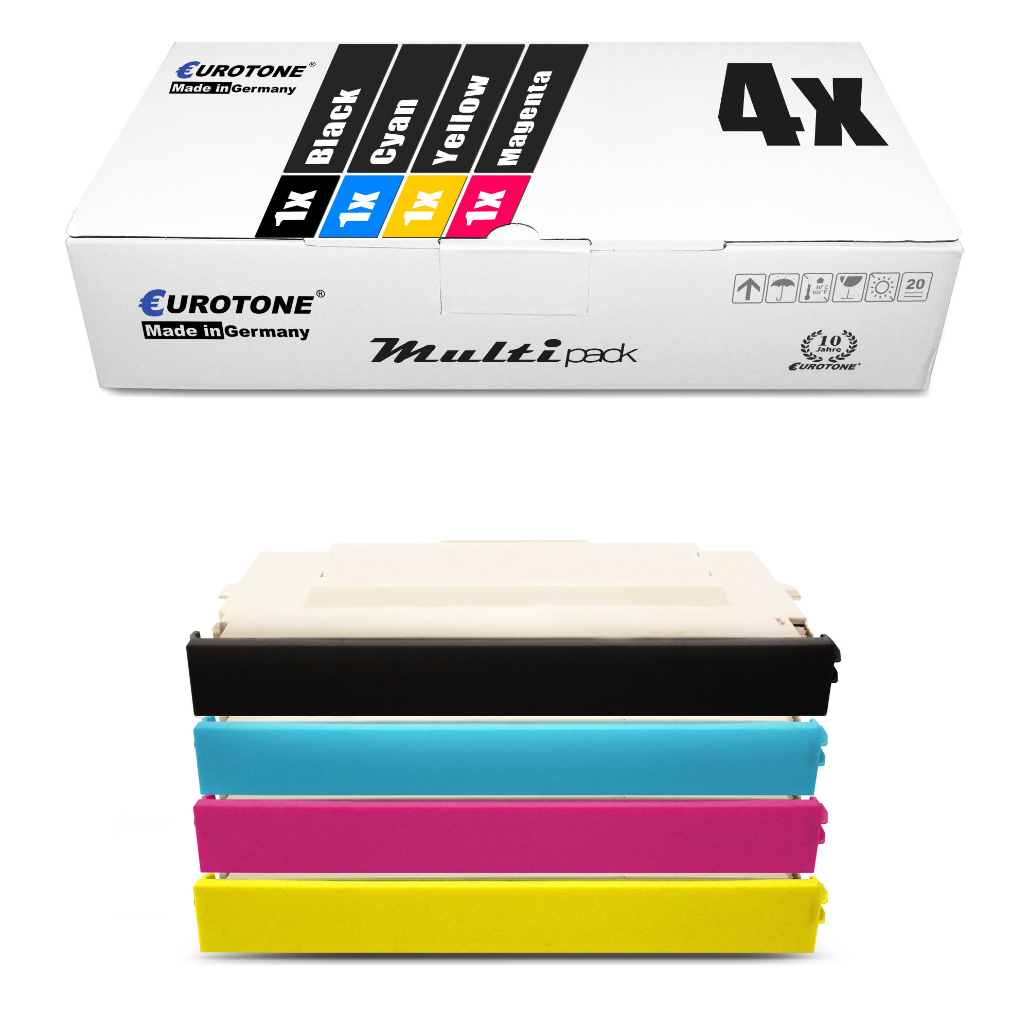 Tintenpatronen in einer Box. Schwarz, Cyan, Gelb, Magenta und Schwarz.