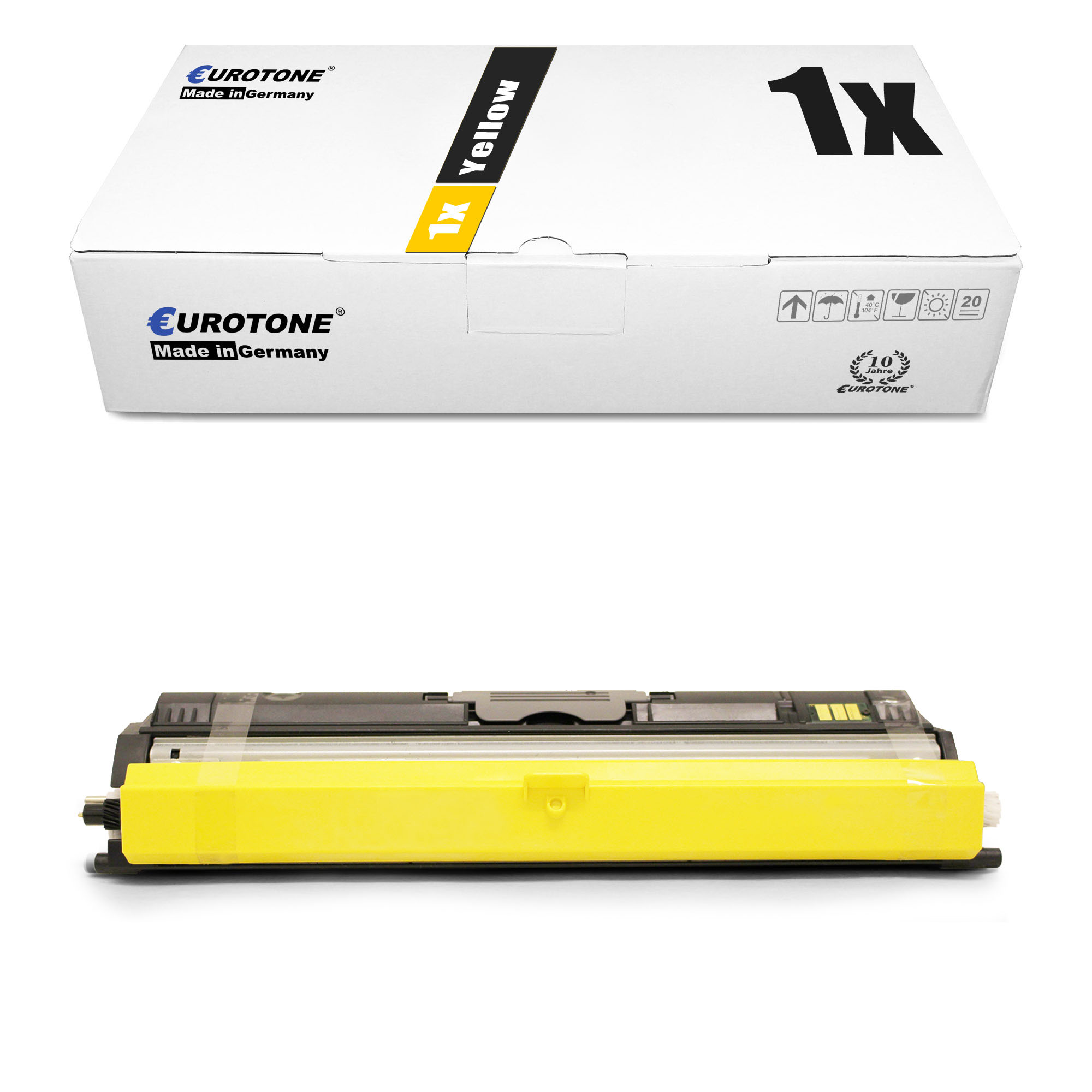 Gelbe Tintenpatrone und eine Box mit dem Text '1x Yellow' und 'Eurotone'.