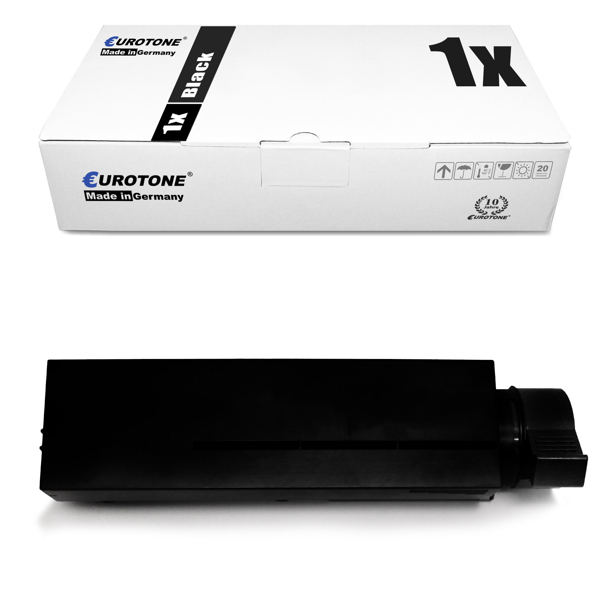 Schwarze Tintenpatrone und ihre Box. Weißer Hintergrund.
