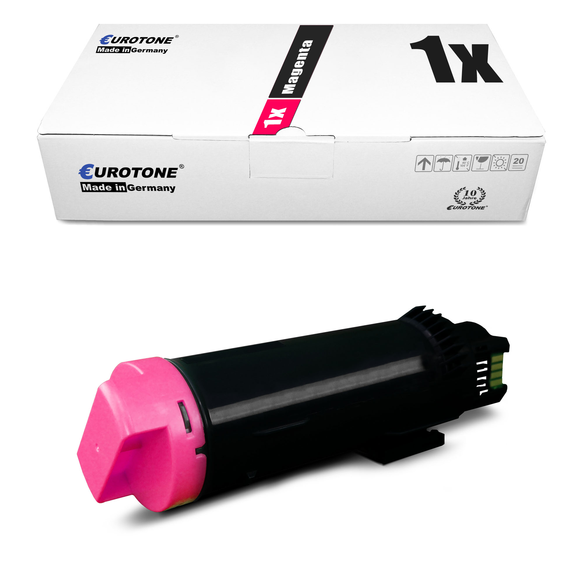 Magentafarbene Tonerkartusche und -box. Auf der Box steht 'Eurotone', 'Made in Germany'.