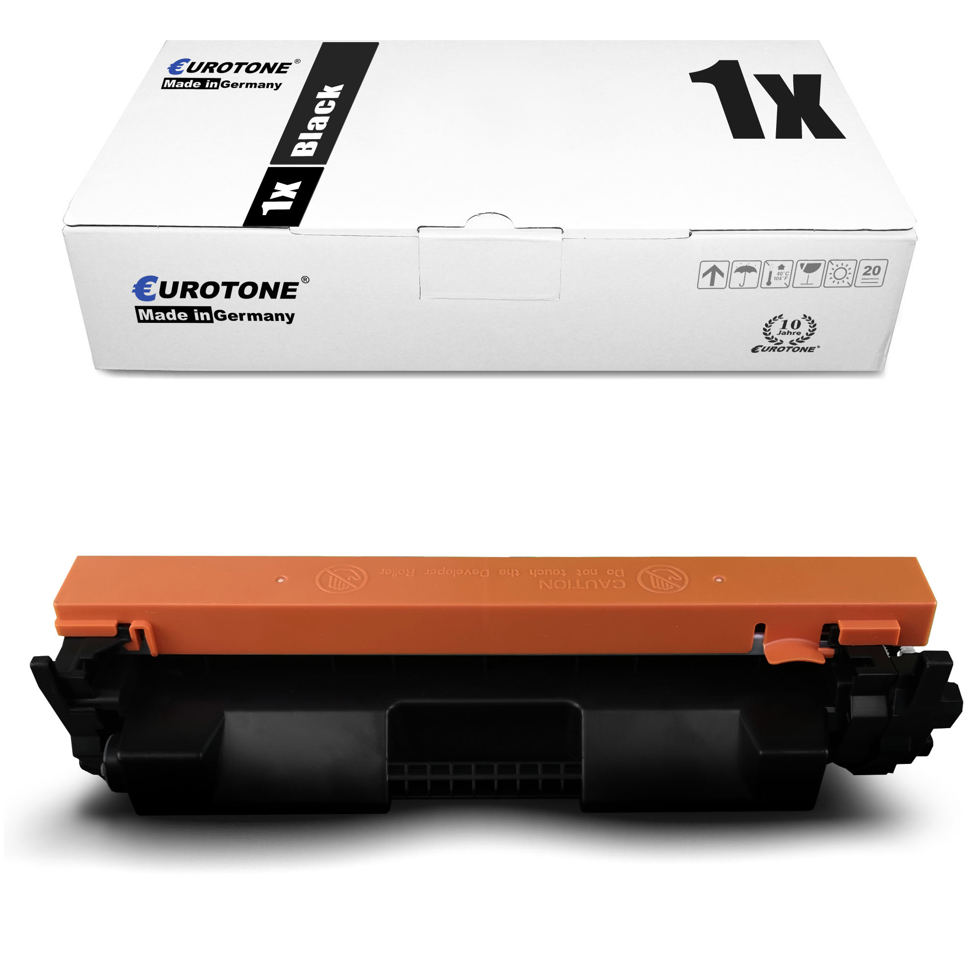 Box und Patrone. Box hat Text 'EUROTONE' und '1x Black'. Patrone ist schwarz und orange.