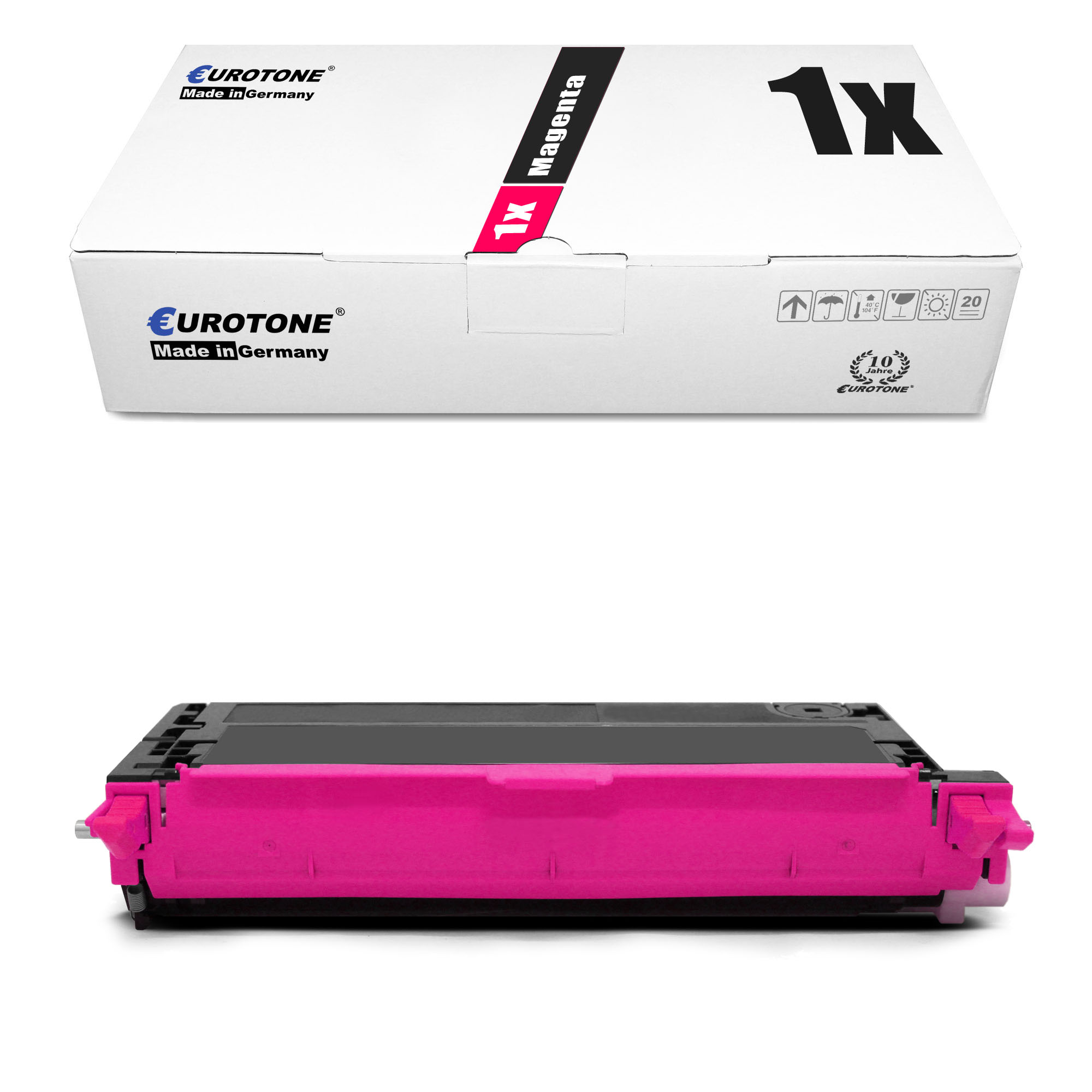 Magentafarbene Tonerkartusche und ihre Schachtel. Die Schachtel hat das Etikett '1x Magenta'.