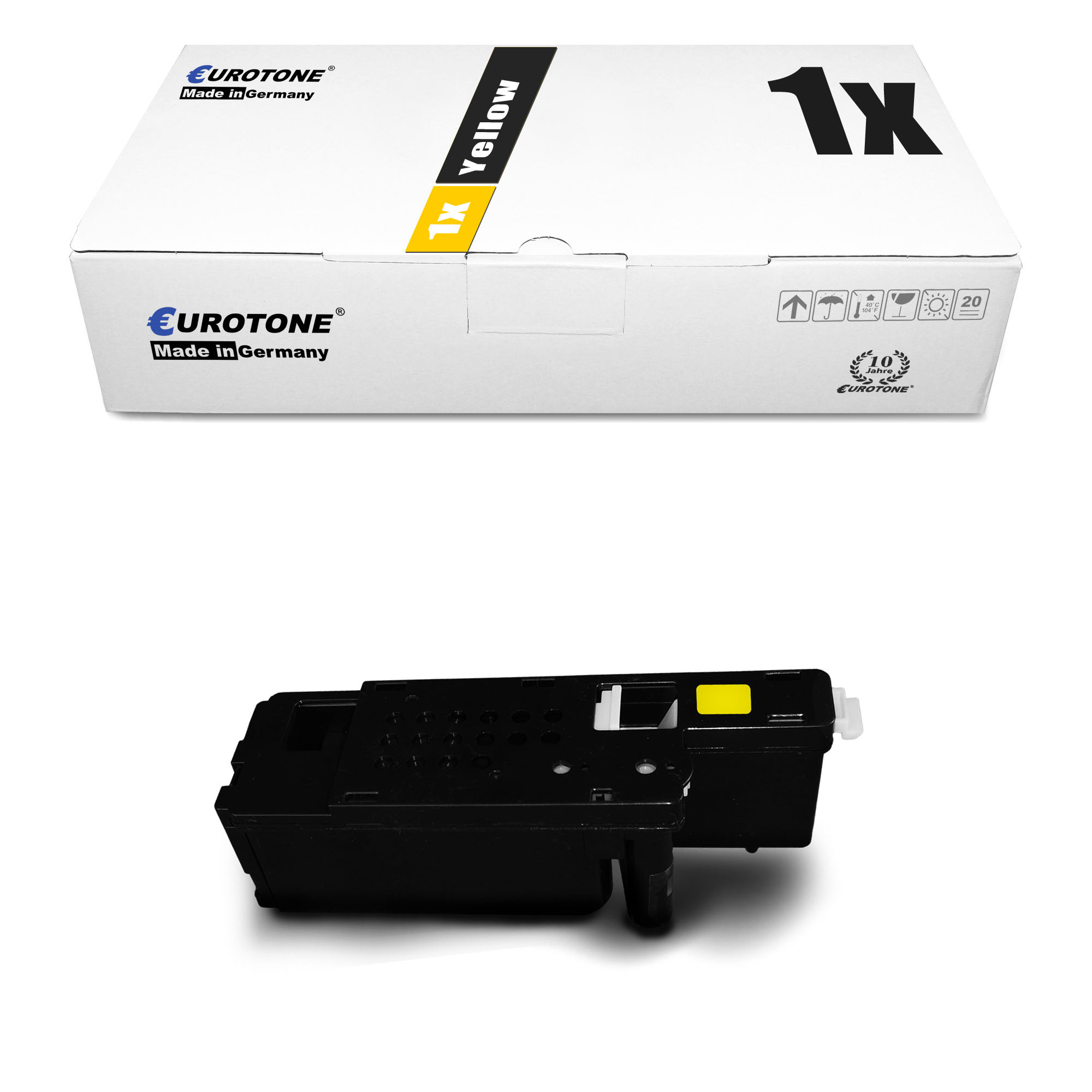 Eine gelbe Tintenpatronenbox mit der Patrone darunter.