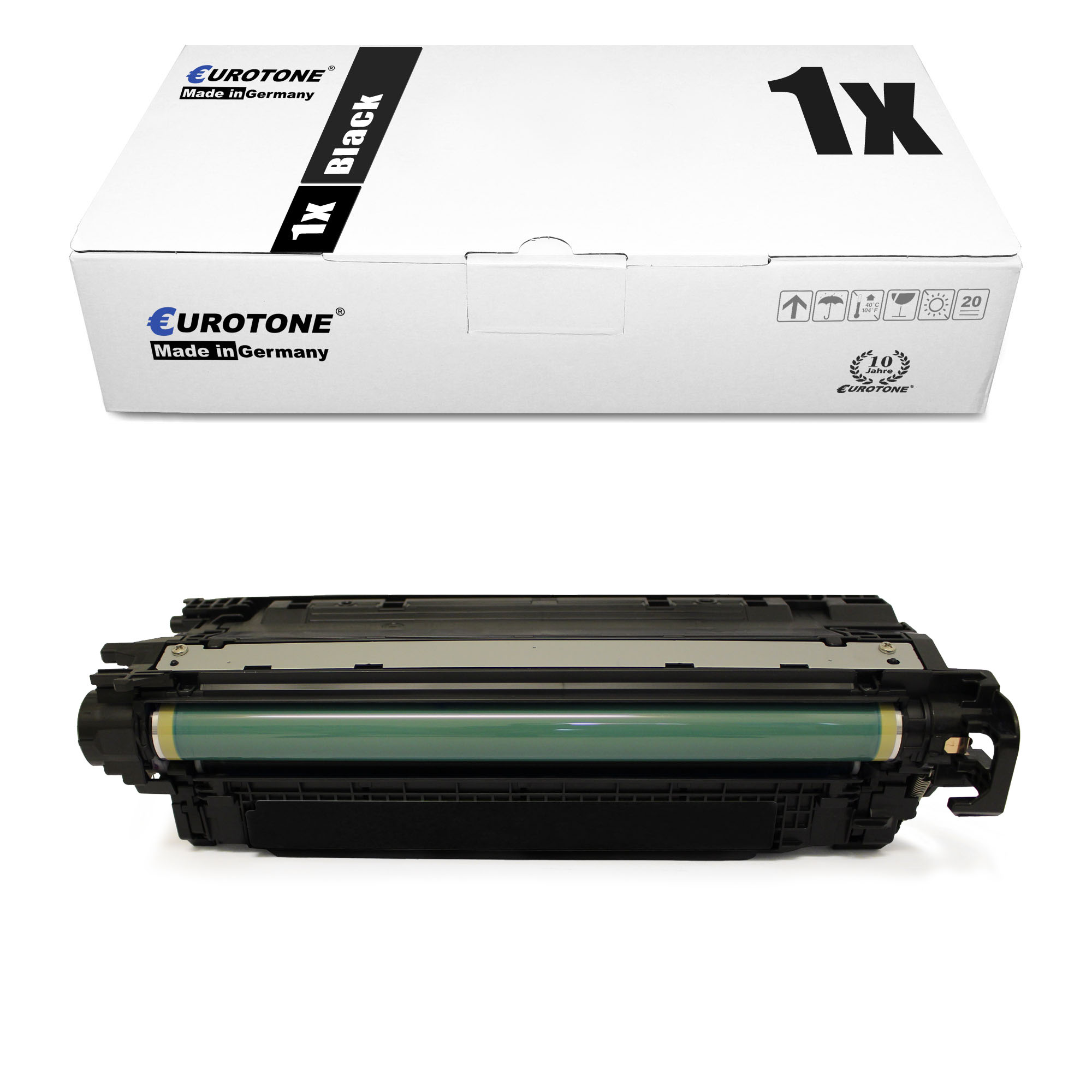Weiße Box mit schwarzem 1x-Aufdruck und eine schwarze Tonerkartusche darunter, mit grünem Zylinder.
