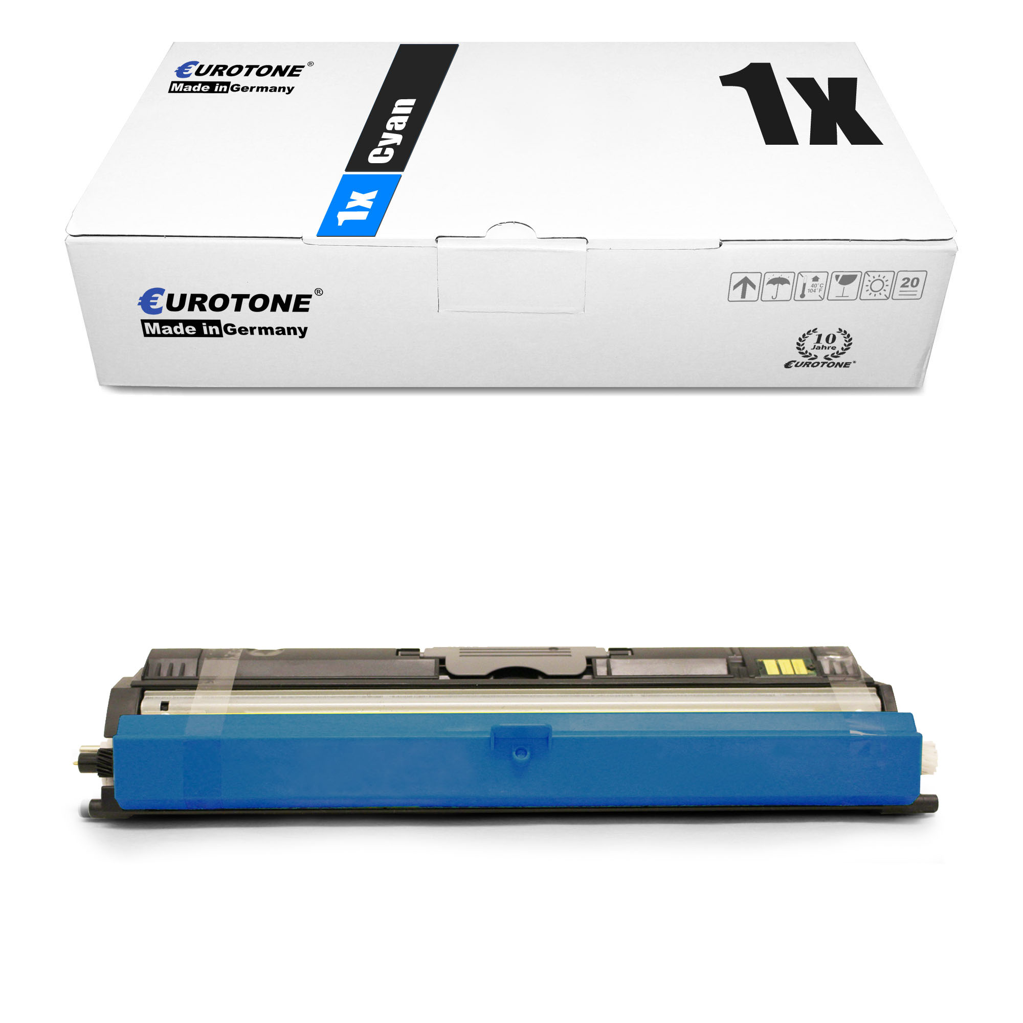 Eurotone-Tintenpatrone. Blaue Patrone. Auf der Box steht "1x Cyan".
